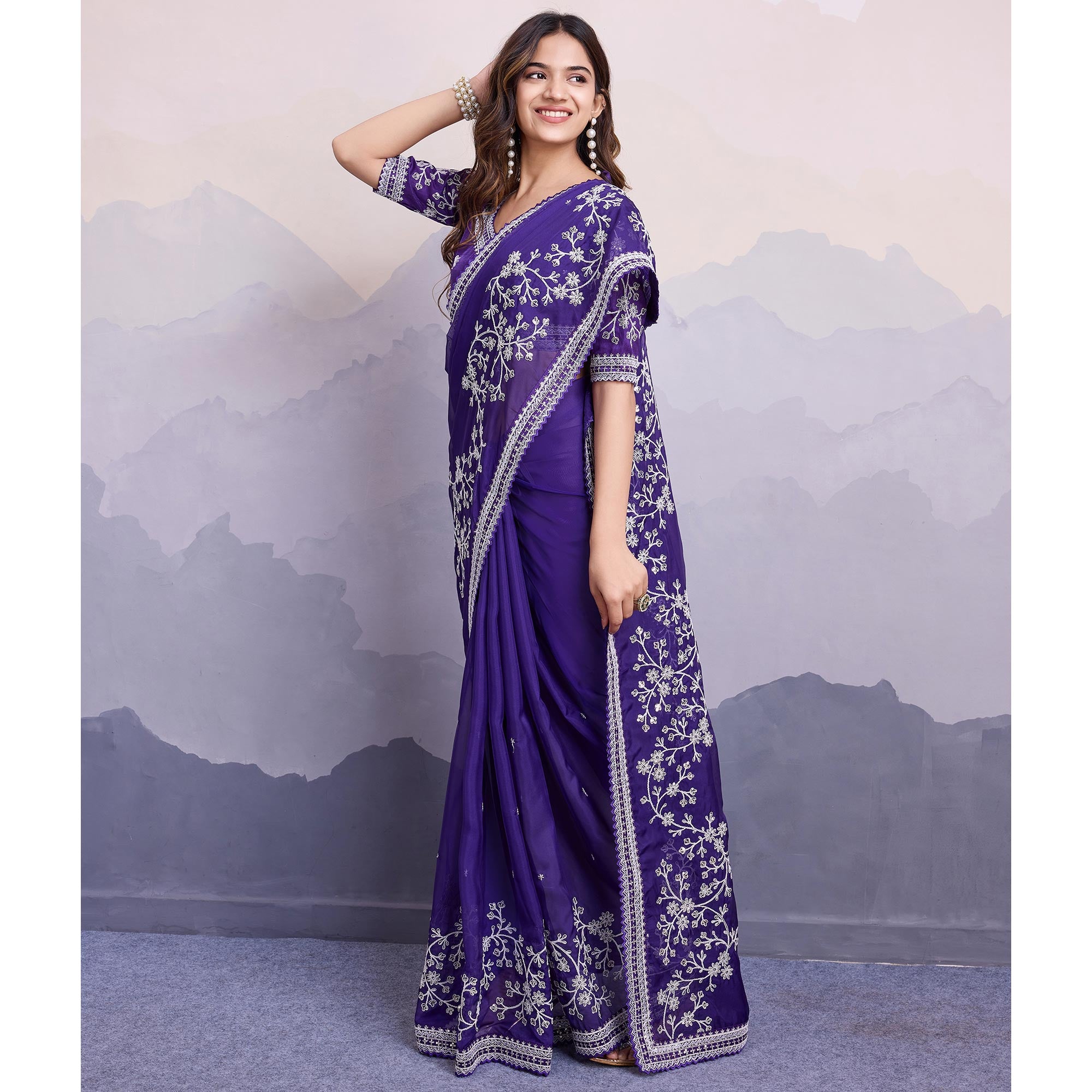 Violet Blue Floral Sequins Embroidered Organza Saree With Lace Border