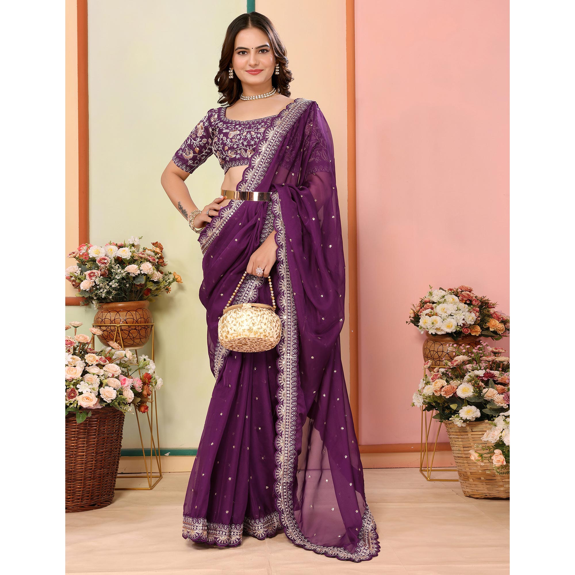 Purple Sequins Embroidered Embroidered Organza Saree