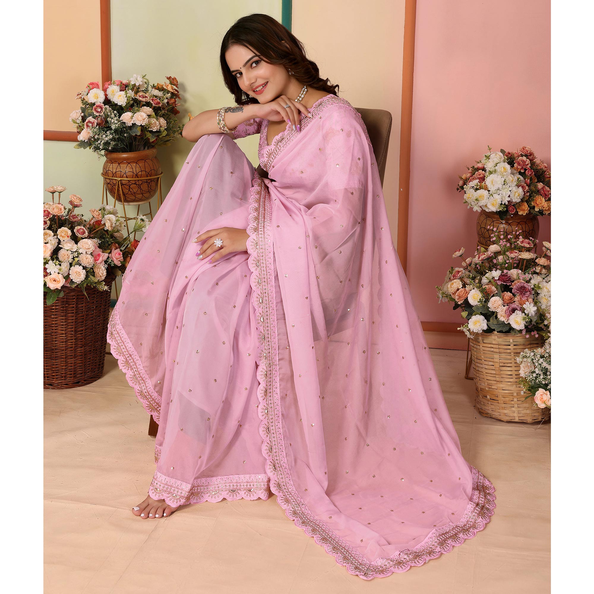 Pink Sequins Embroidered Embroidered Organza Saree