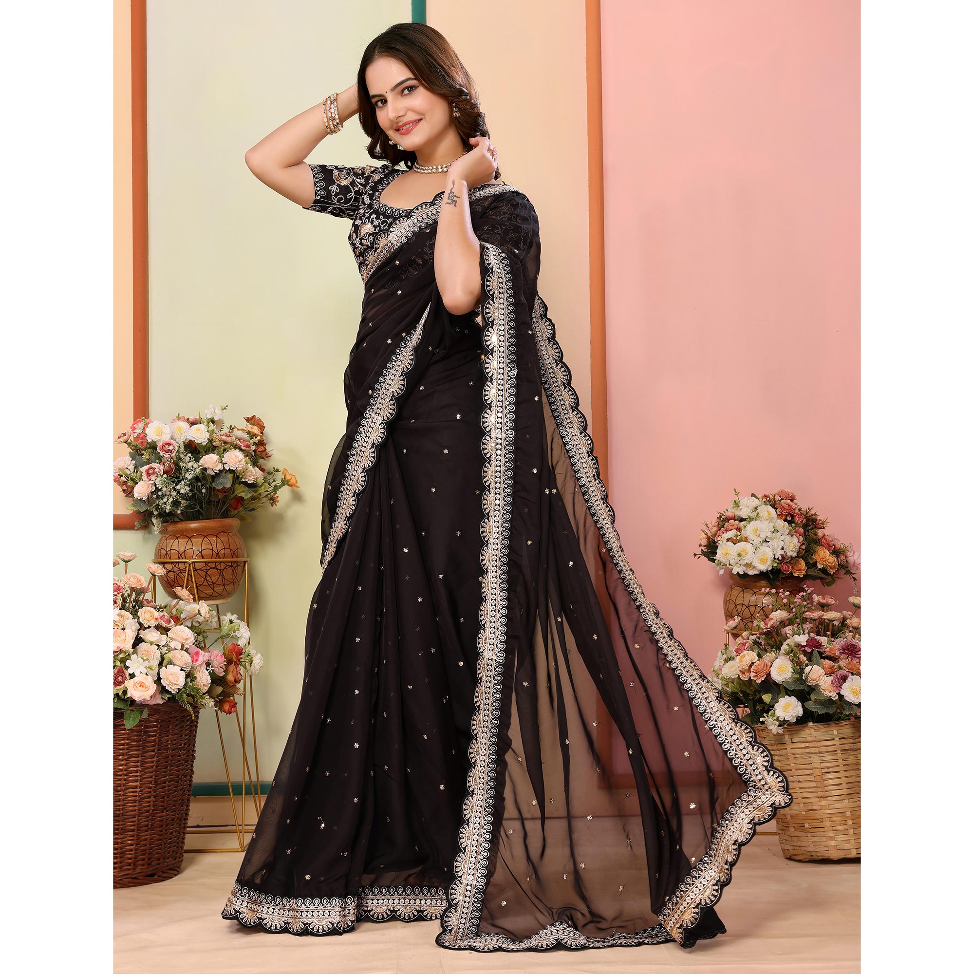 Black Sequins Embroidered Embroidered Organza Saree