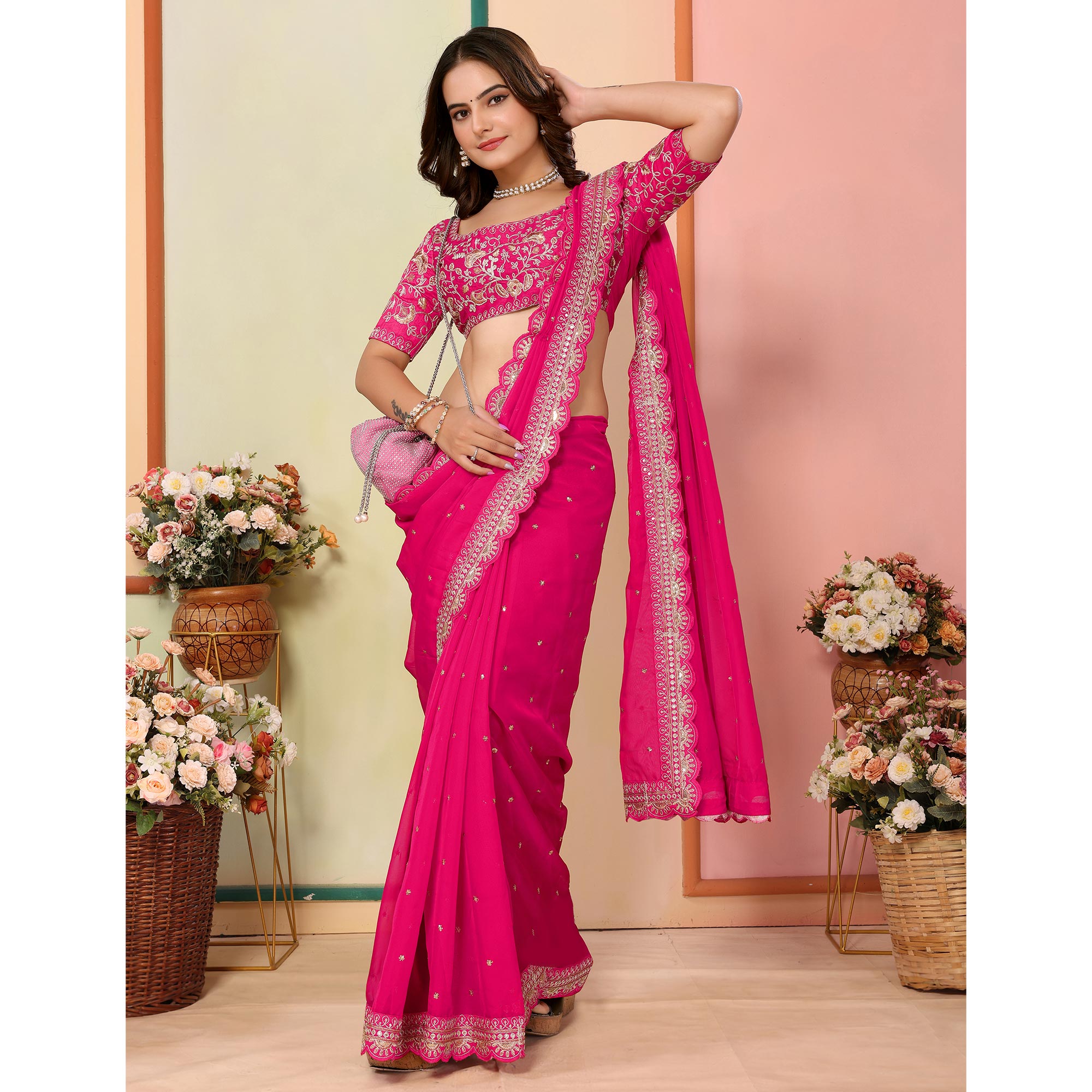 Rani Pink Sequins Embroidered Embroidered Organza Saree