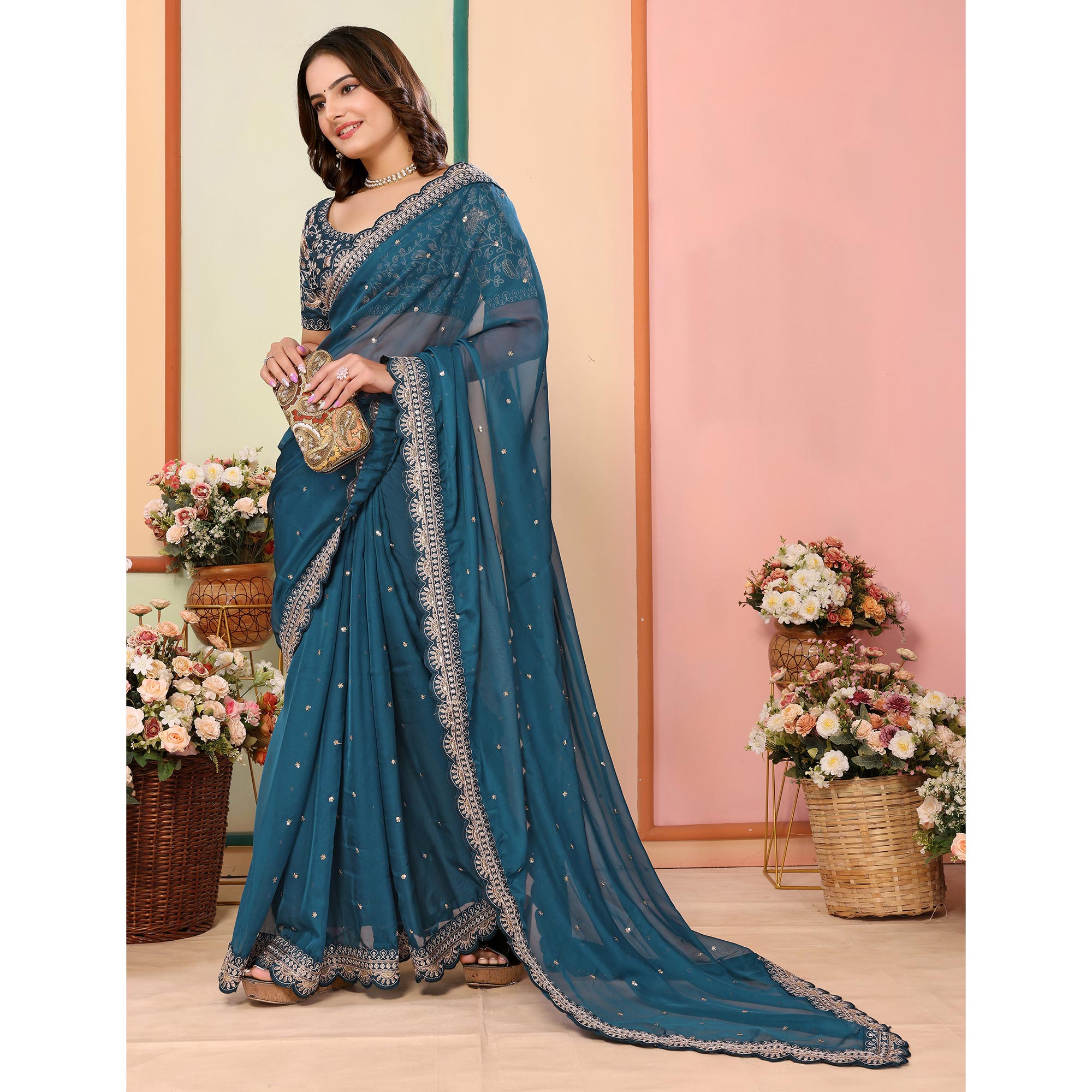 Blue Sequins Embroidered Embroidered Organza Saree