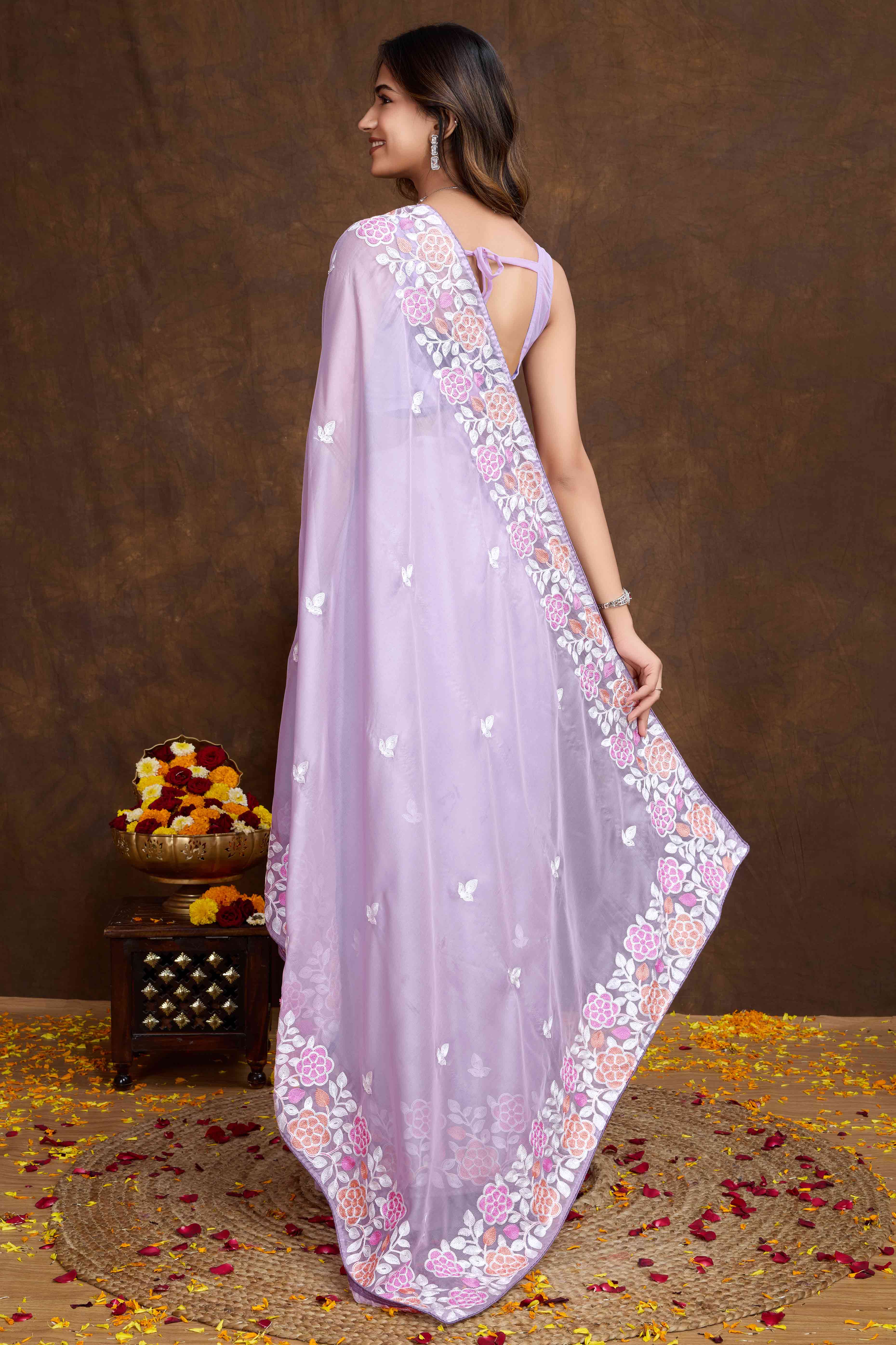 Lavender Floral Sequins Embroidered Organza Silk Saree