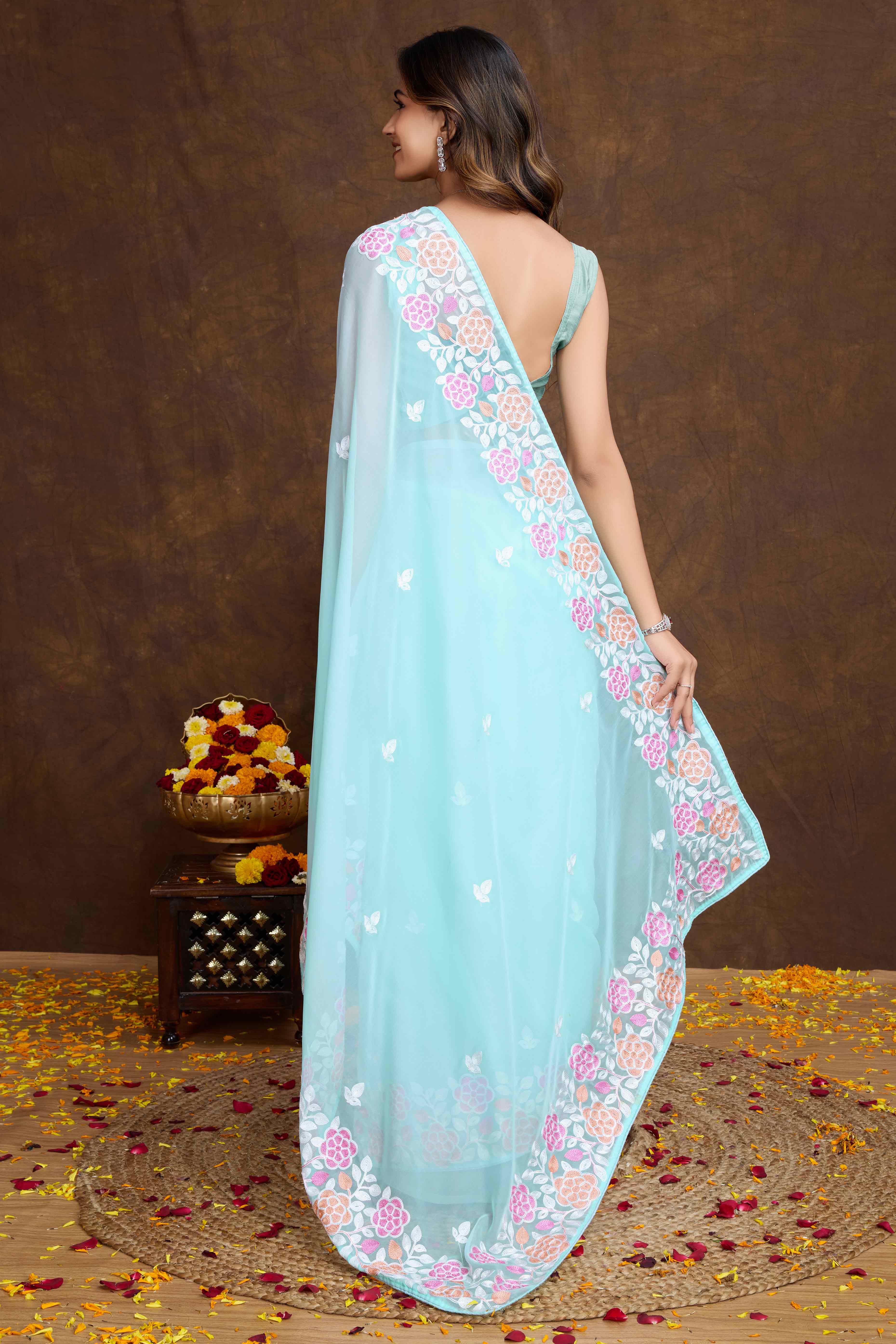 Blue Floral Sequins Embroidered Organza Silk Saree