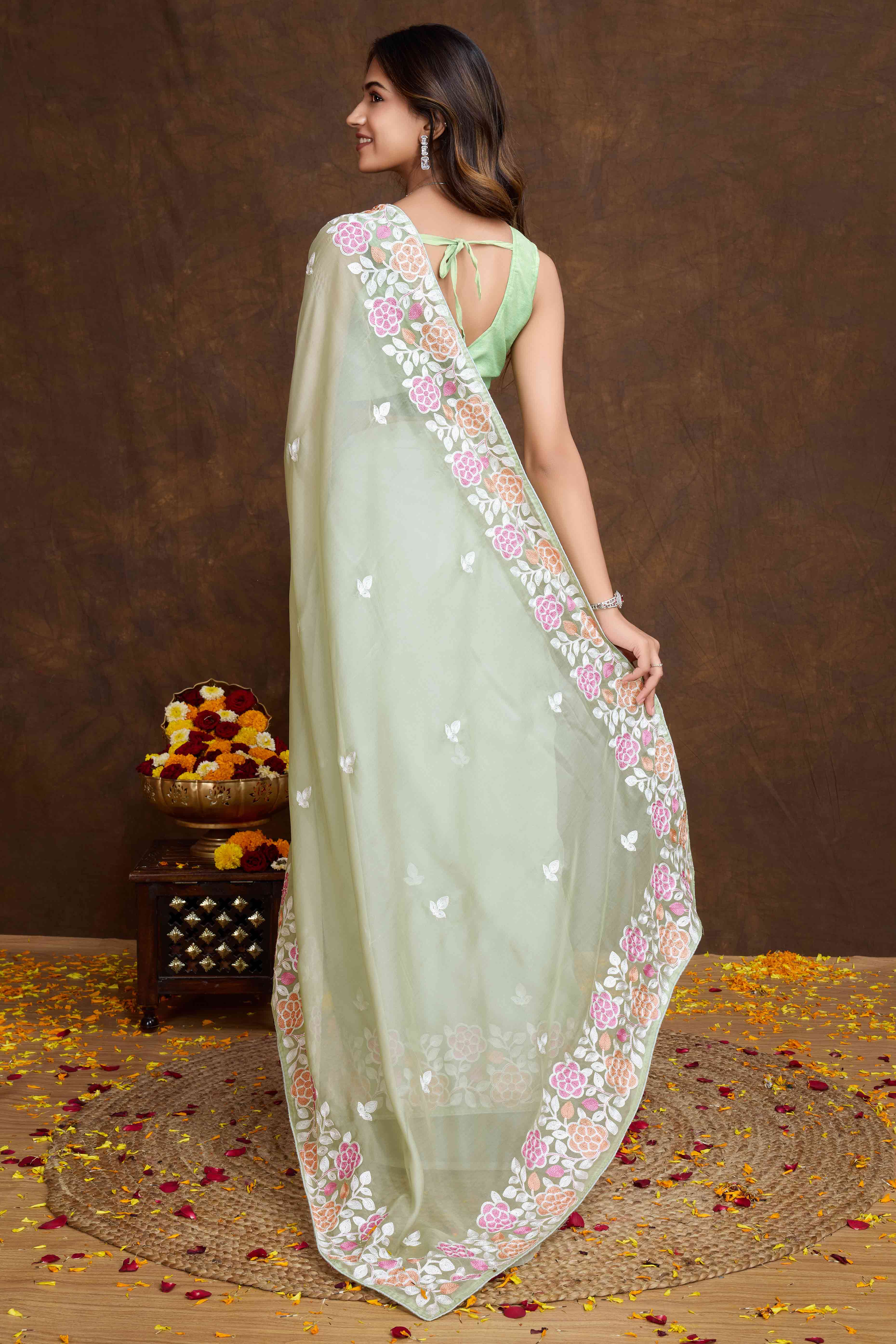 Green Floral Sequins Embroidered Organza Silk Saree