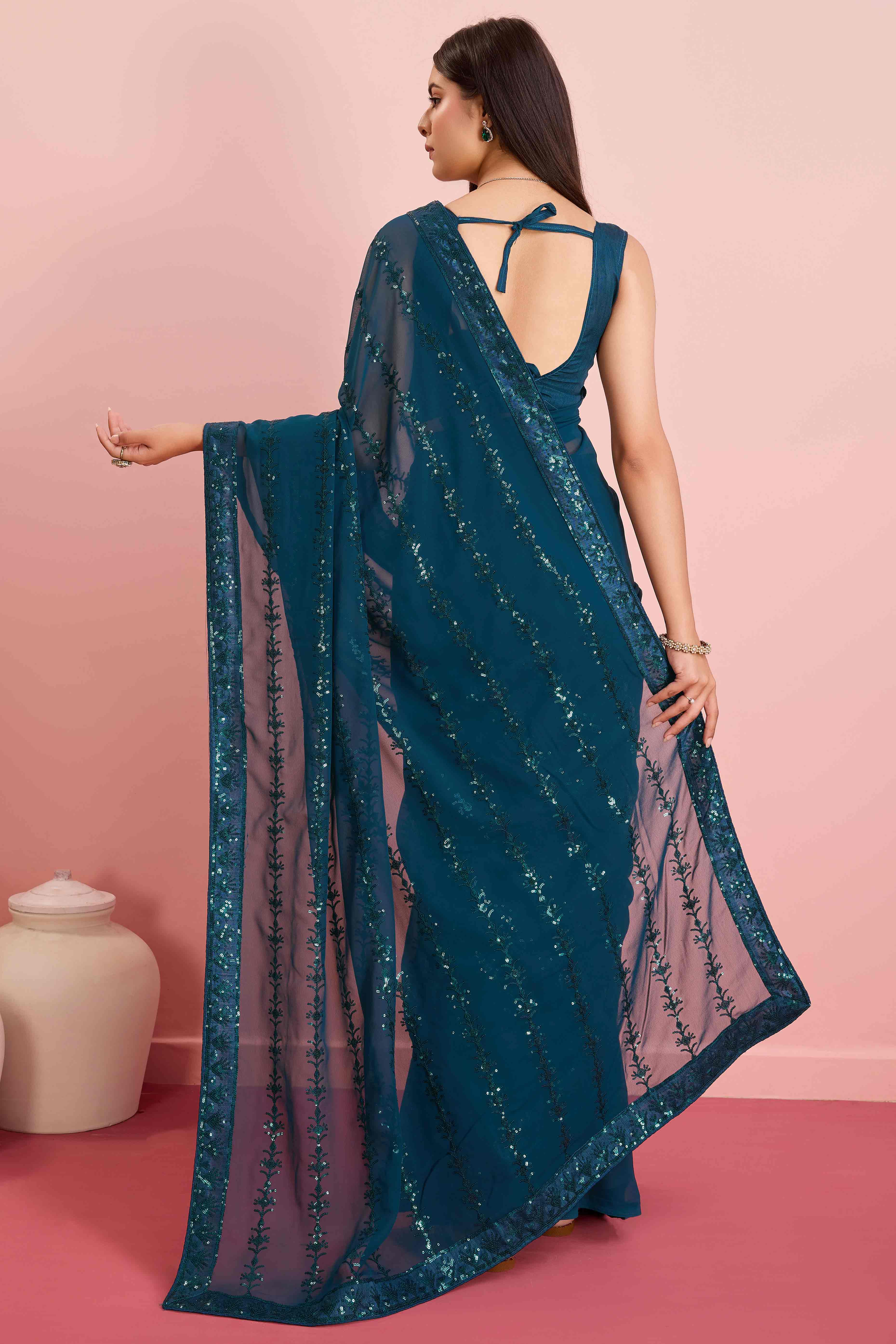 Morpich Floral Sequins Embroidered Georgette Saree