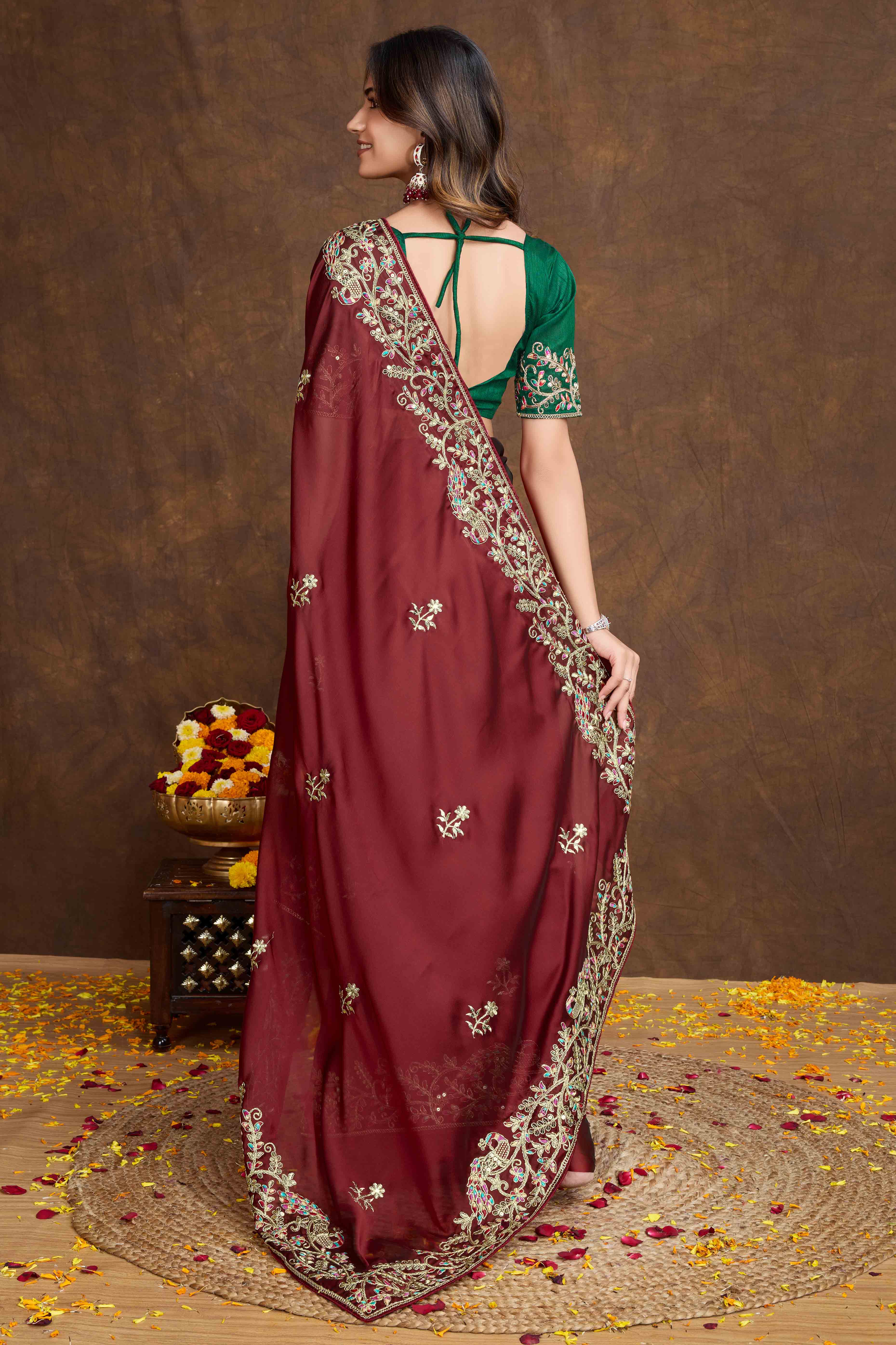 Maroon Floral Sequins Embroidered Vichitra Rangoli Silk Saree