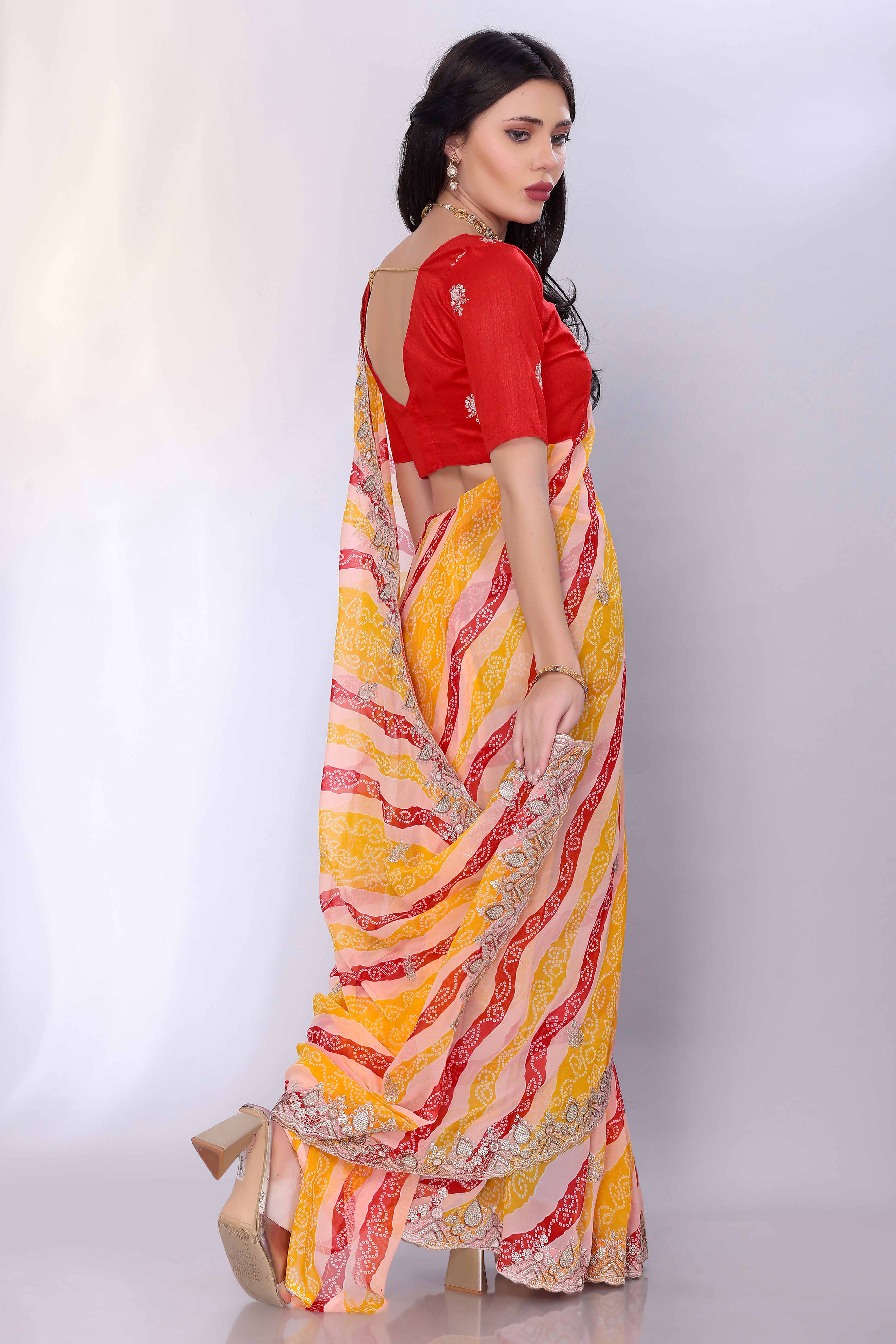 Yellow Georgette Saree Showcasing Bandhani Print & Delicate Floral Sequins Embroidery