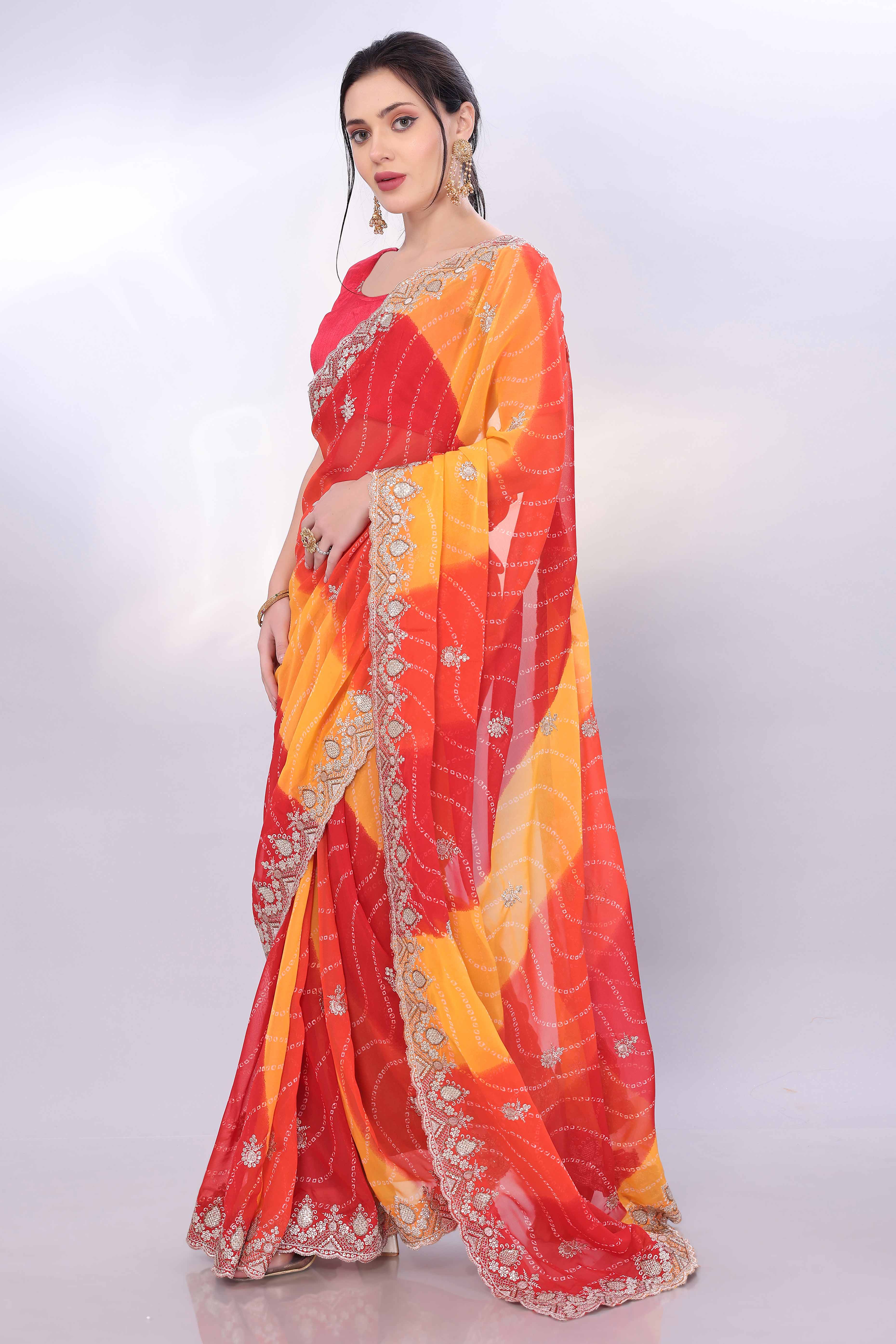 Red & Yellow Georgette Saree Showcasing Bandhani Print & Delicate Floral Sequins Embroidery