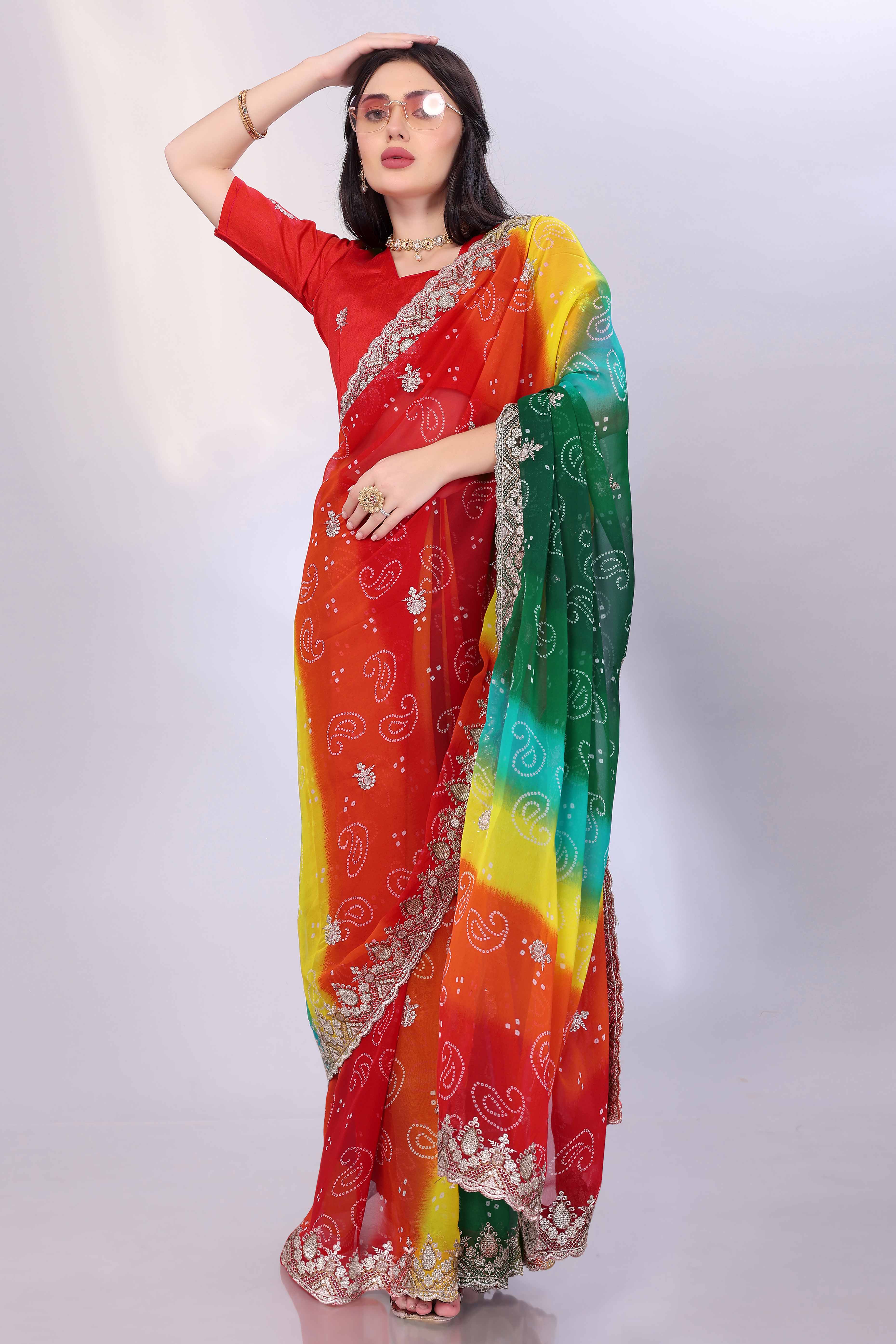 Multicolor Georgette Saree Showcasing Bandhani Print & Delicate Floral Sequins Embroidery