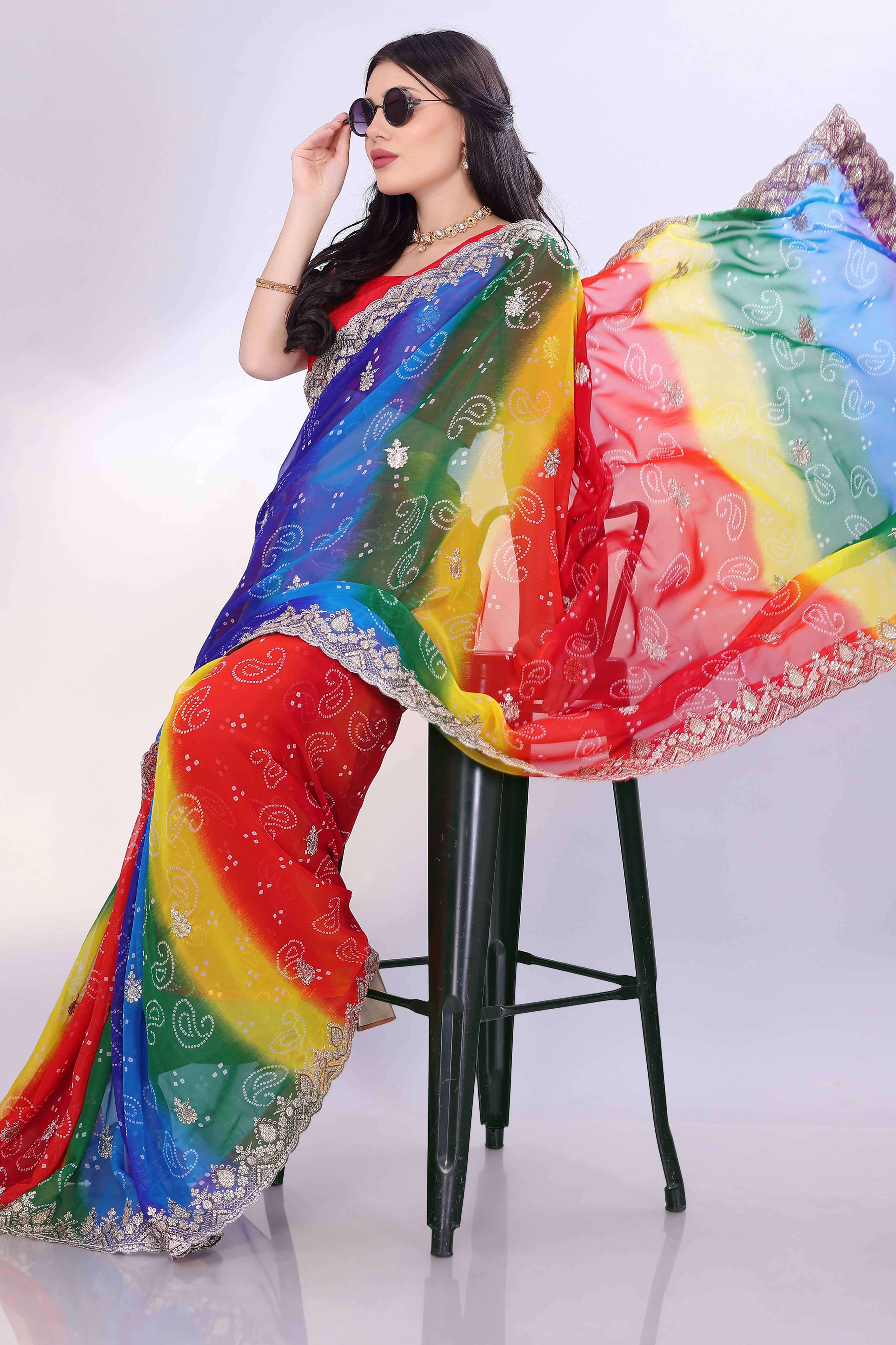 Multicolor Georgette Saree Showcasing Bandhani Print & Delicate Floral Sequins Embroidery