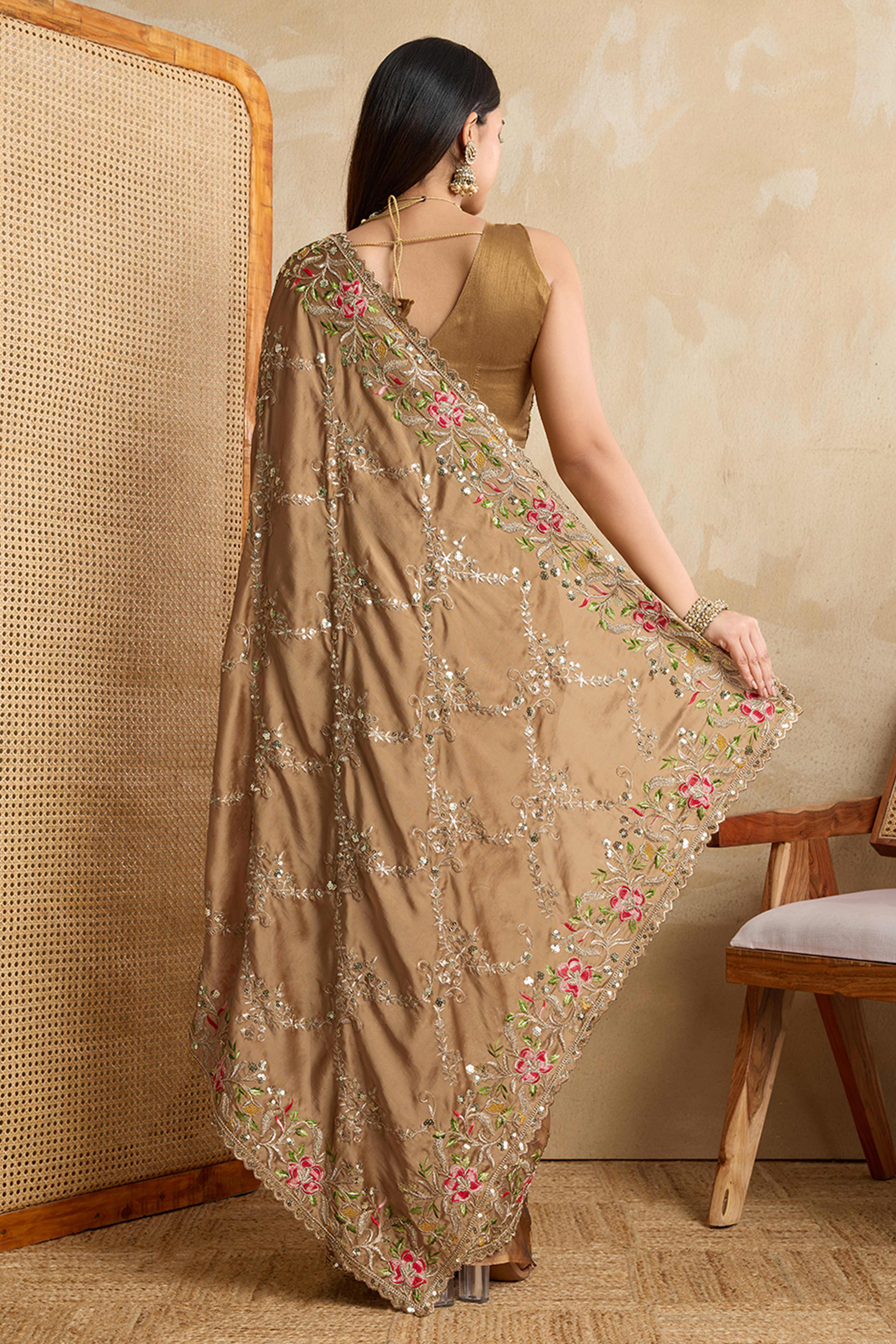 Brown Embroidered Art Silk Saree with Shimmering Sequin Highlights