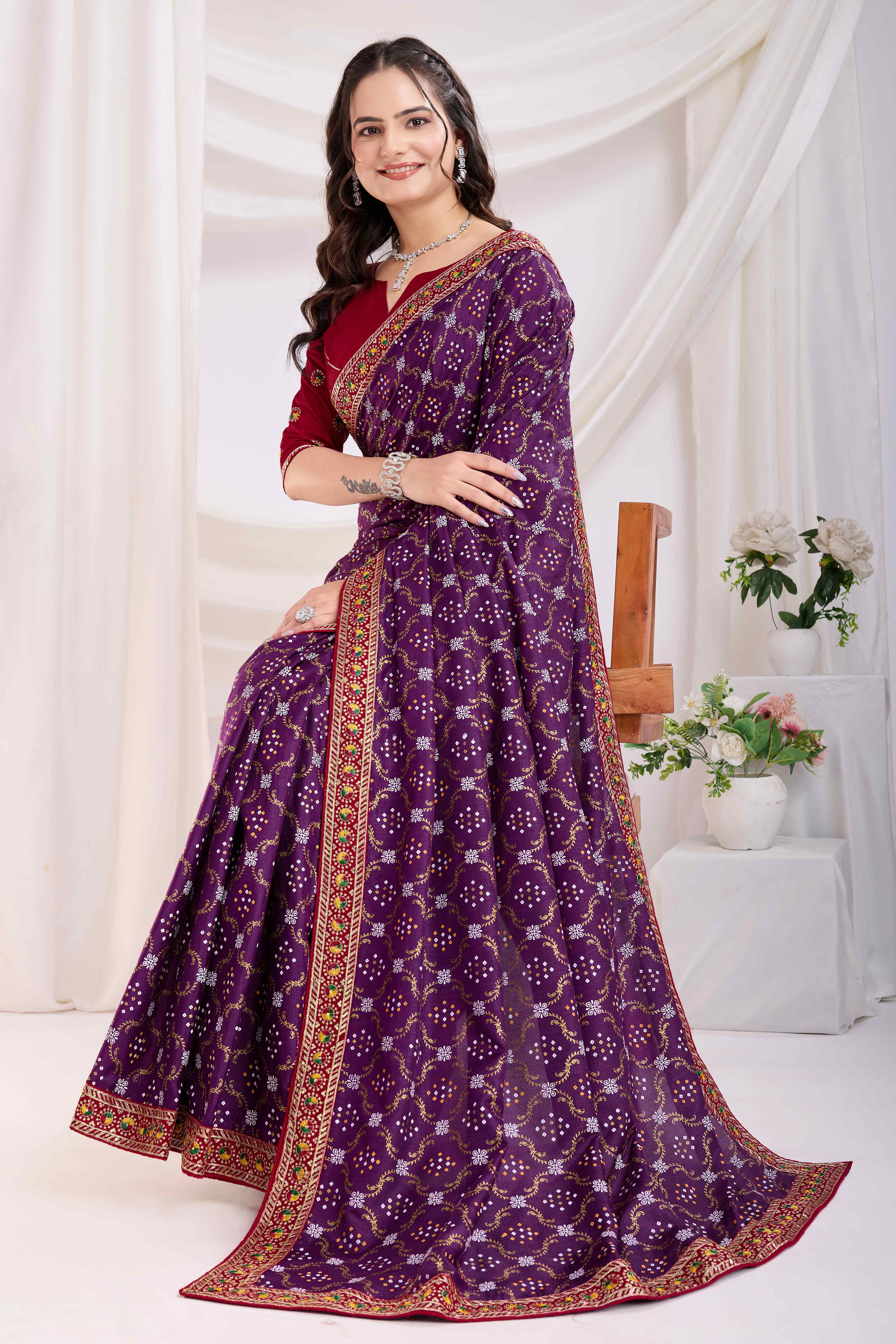 Wine Bandhani Printed Vichitra Silk Saree With Embroidery Border