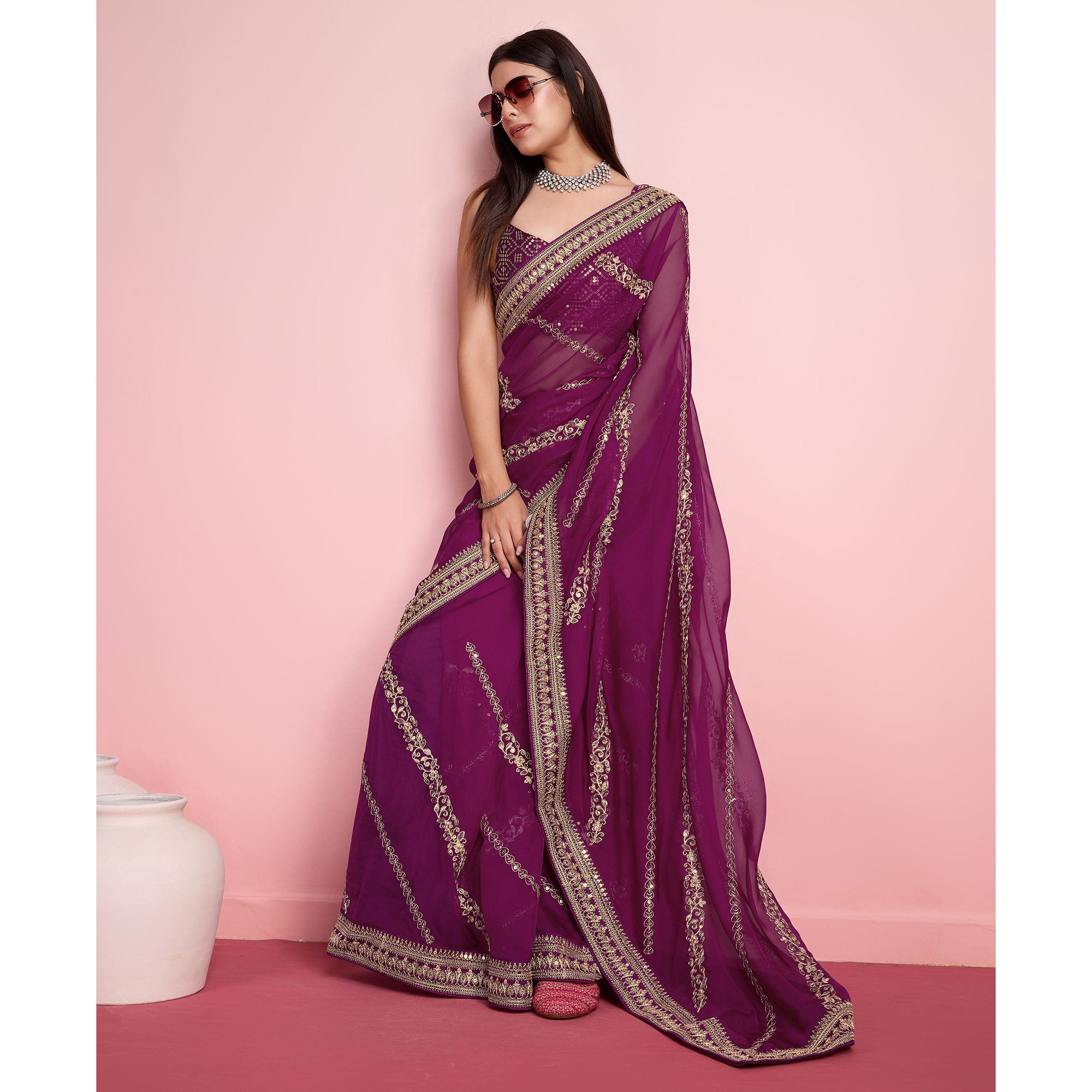 Purple Floral Sequins Embroidered Organza Saree