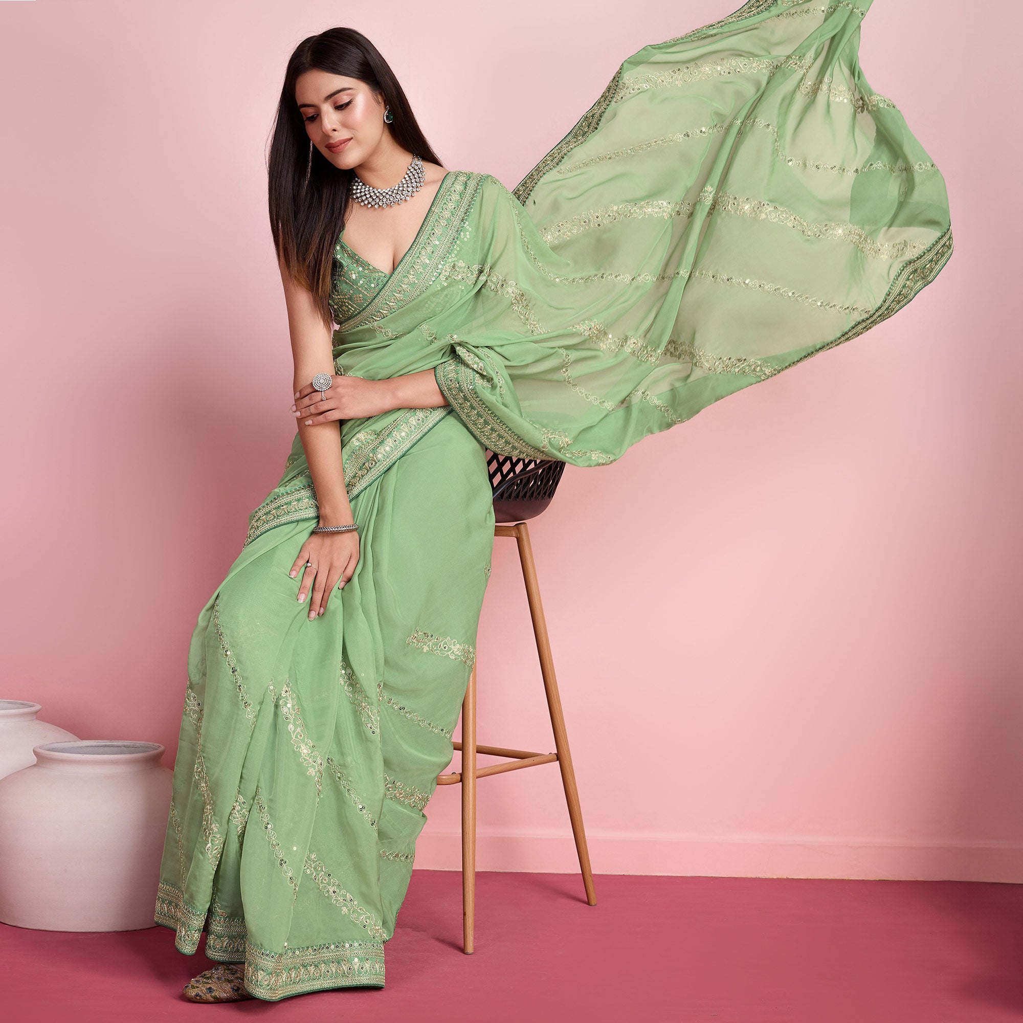Green Floral Sequins Embroidered Organza Saree
