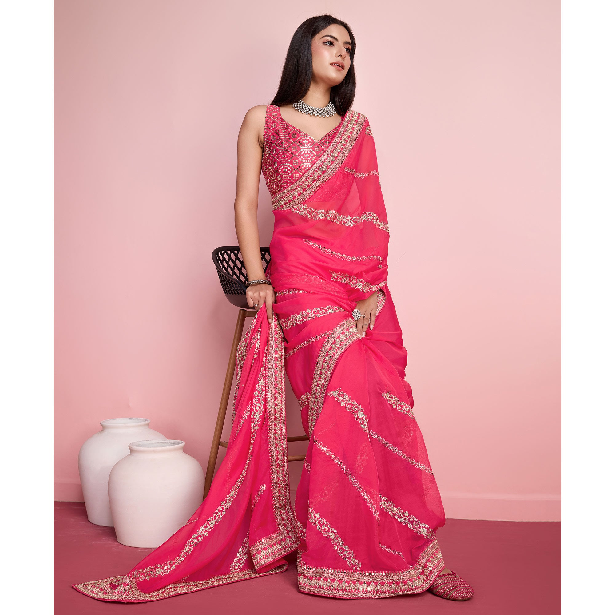 Pink Floral Sequins Embroidered Organza Saree