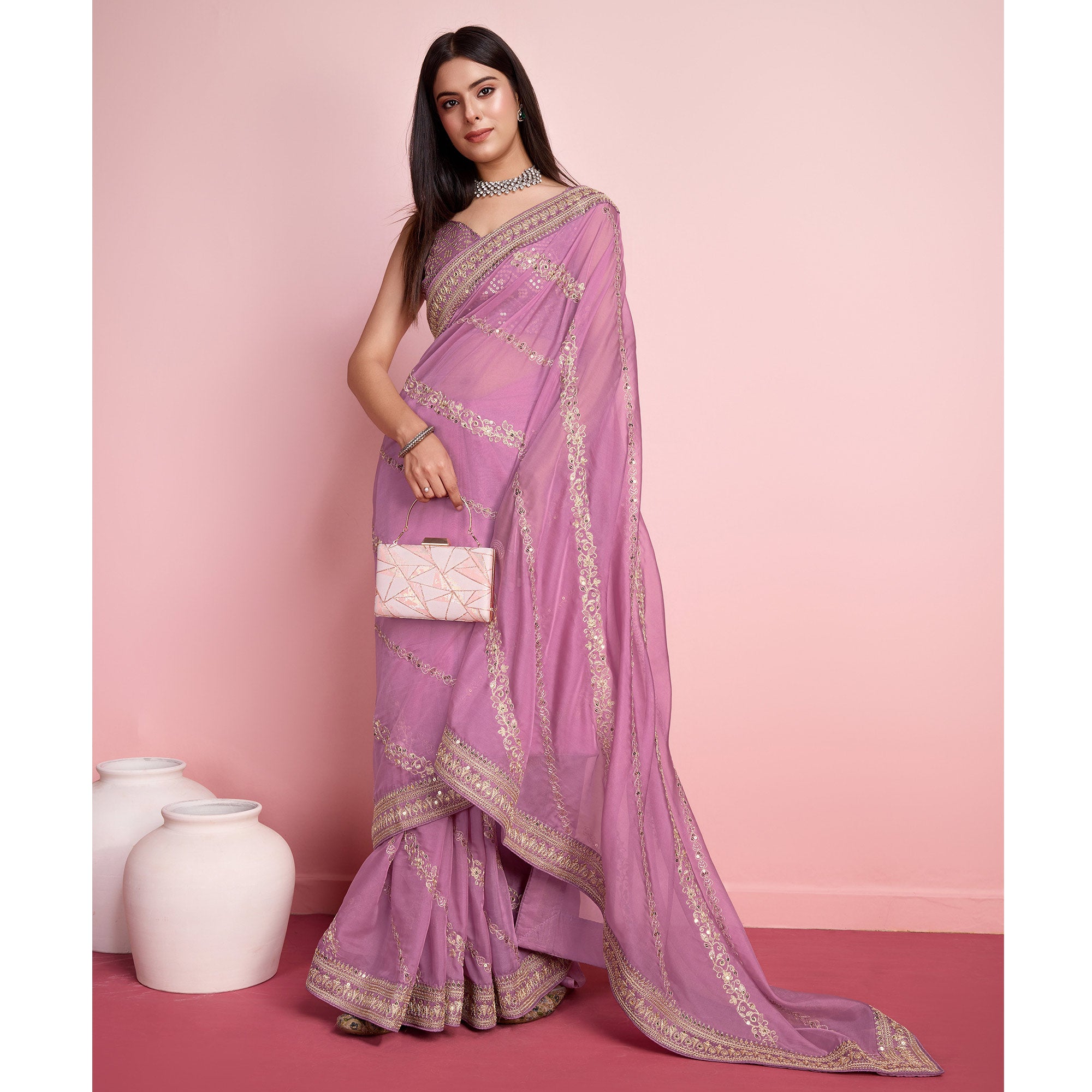 Pink Floral Sequins Embroidered Organza Saree