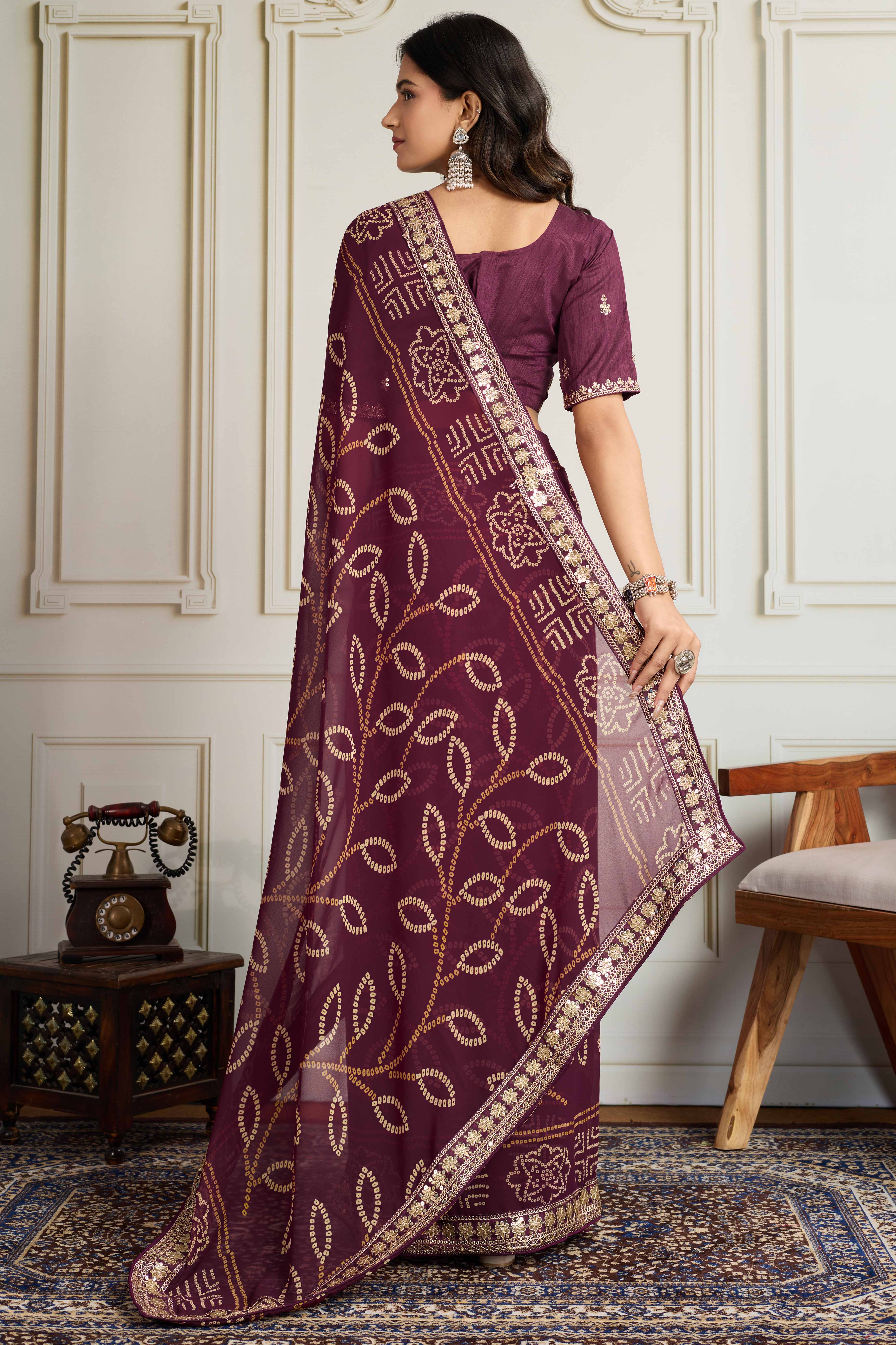 Wine Bandhani Digital Printed Georgette Saree Enhanced With Cording Embroidered Border