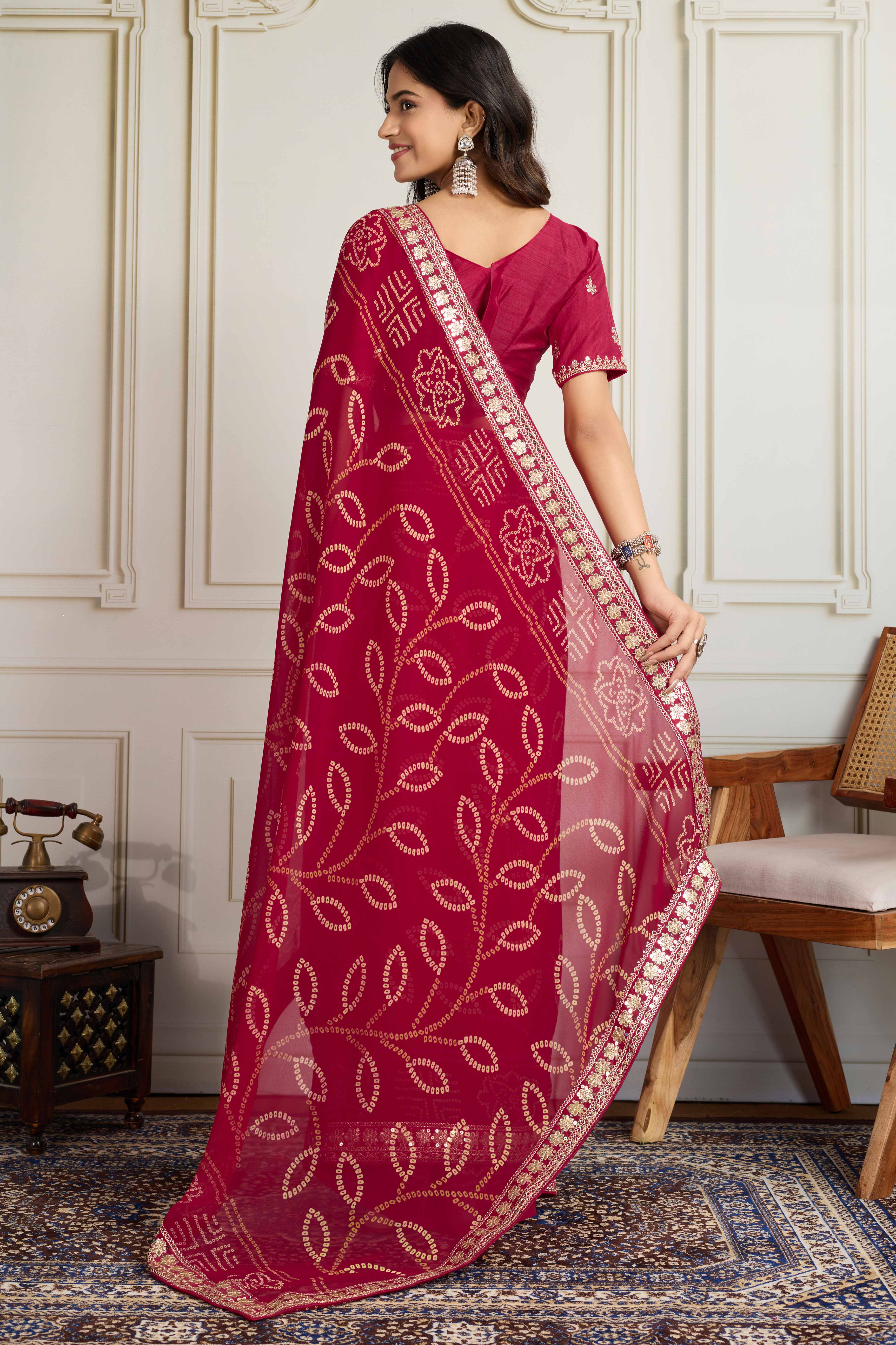 Pink Bandhani Digital Printed Georgette Saree Enhanced With Cording Embroidered Border