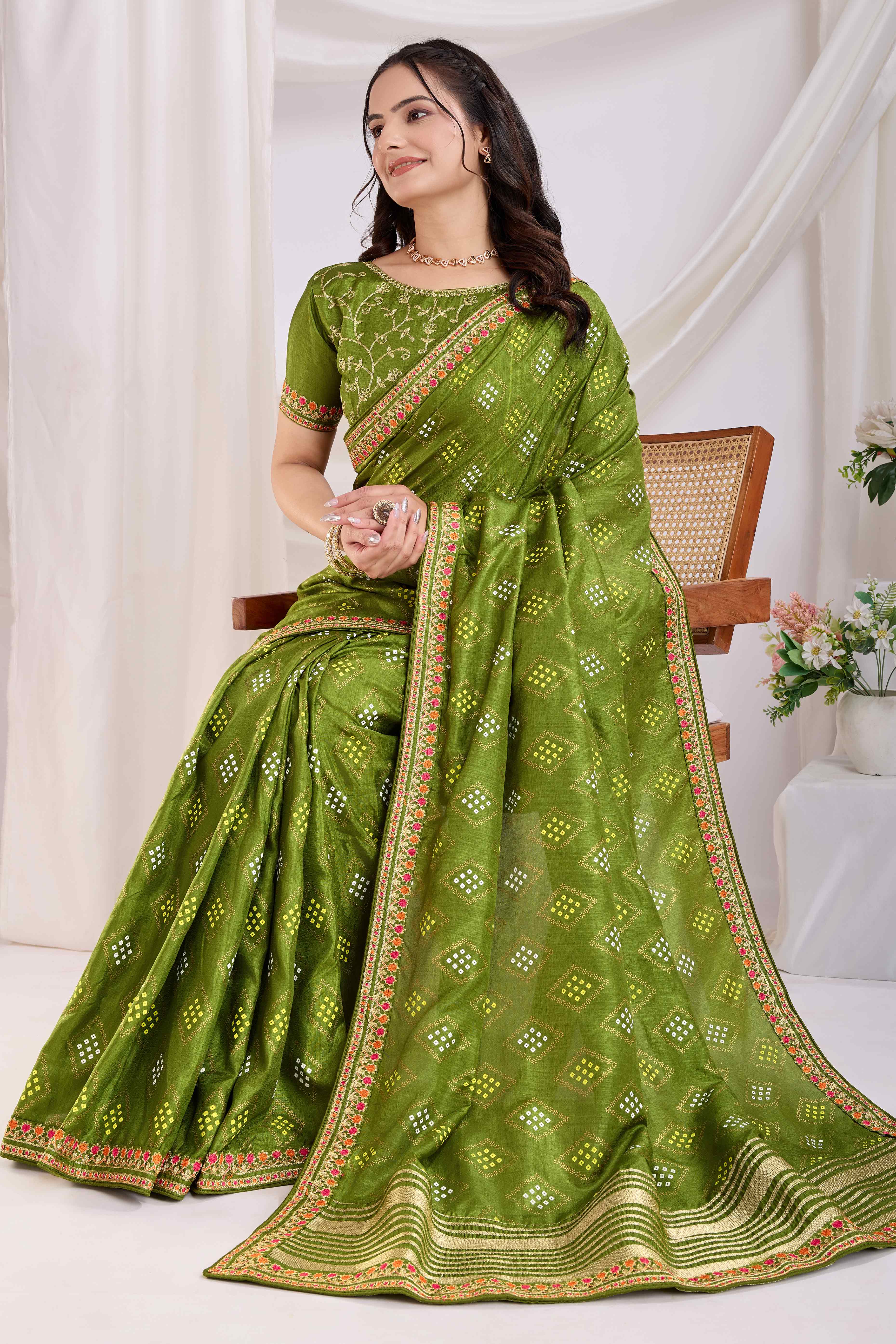 Green Bandhani Printed Vichitra Silk Saree With Embroidery Border