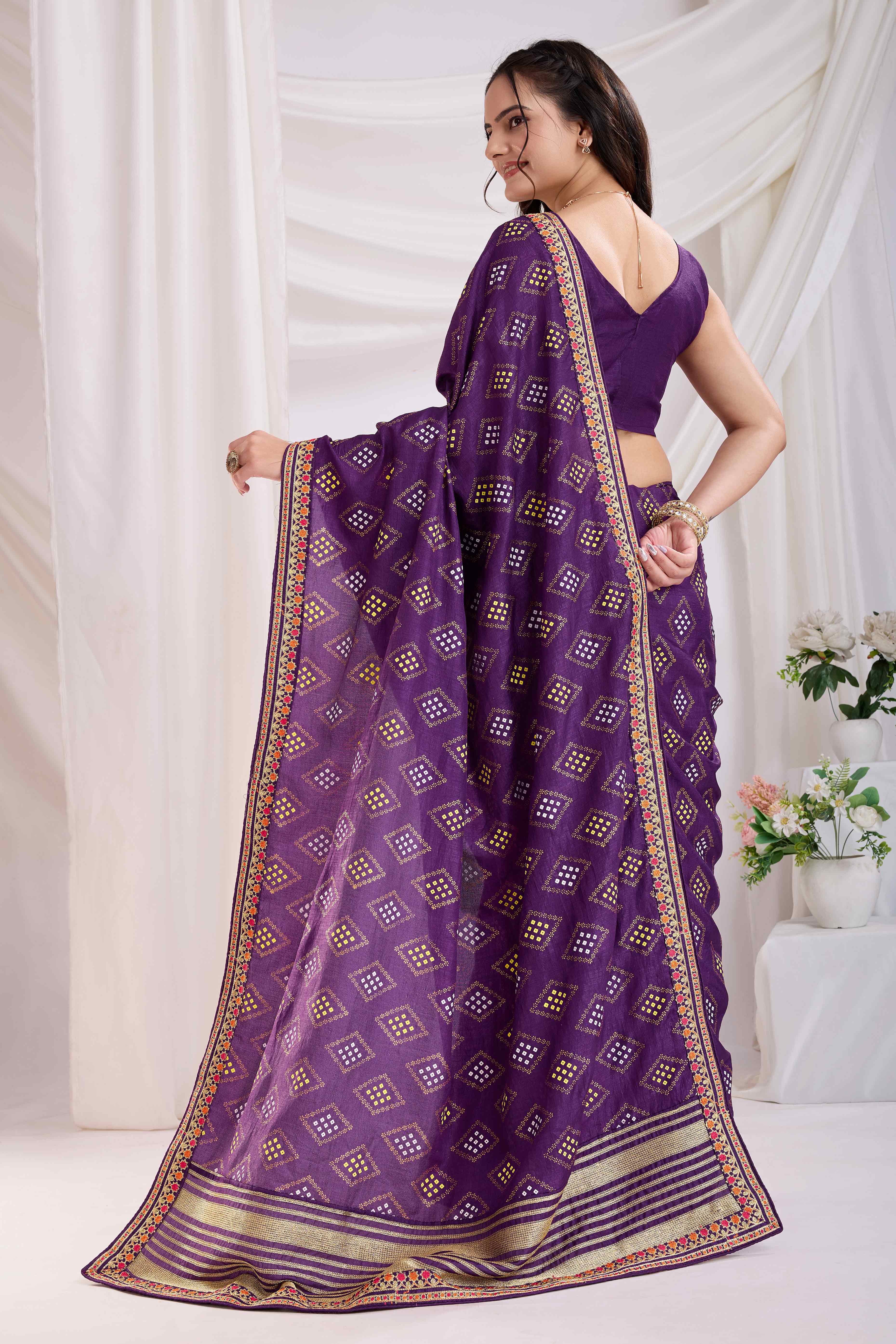 Purple Bandhani Printed Vichitra Silk Saree With Embroidery Border