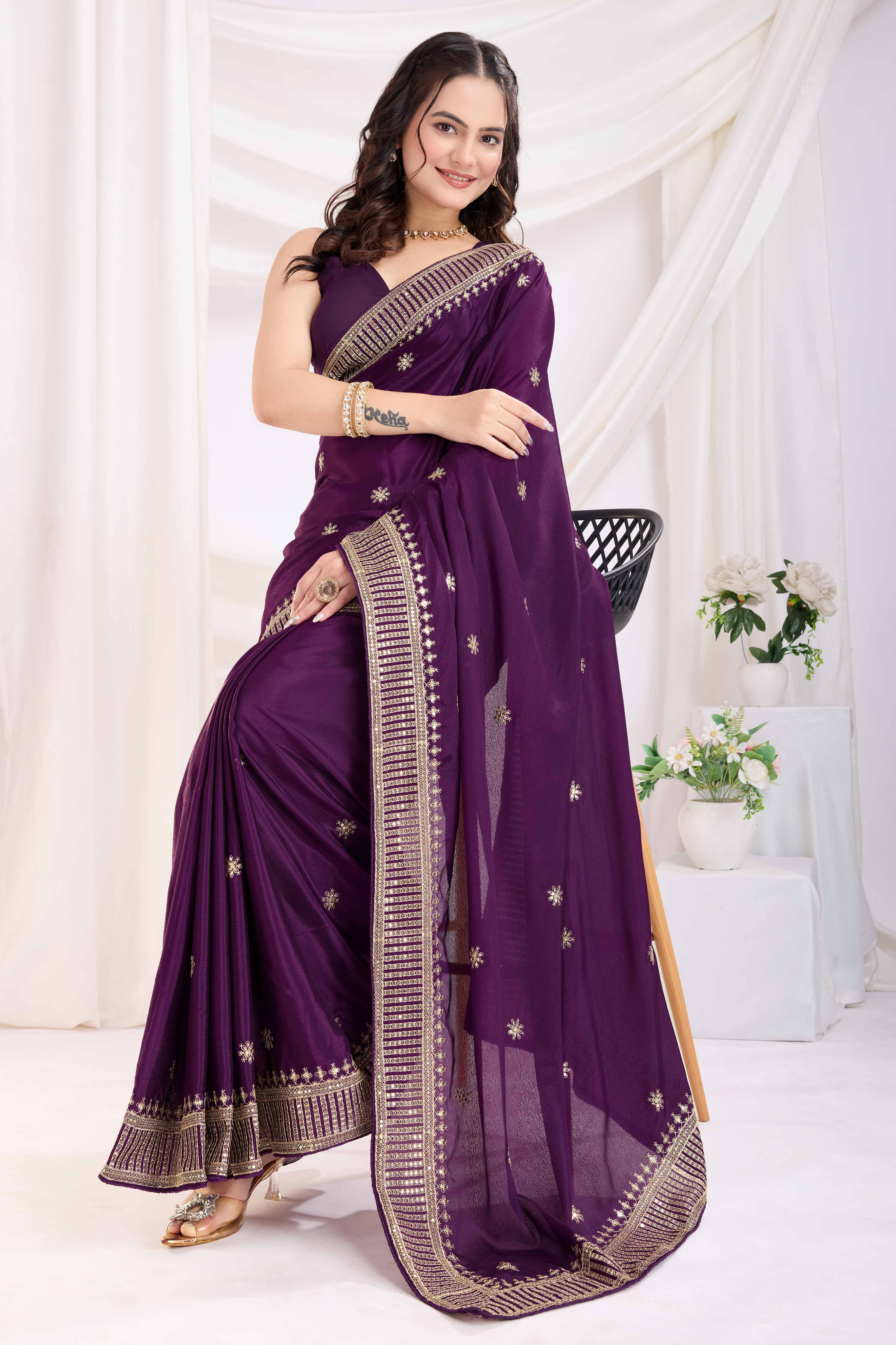 Wine Saree In Chinon Silk Featuring Delicate Floral Embroidery & Sparkling Sequins