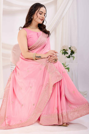 Pink Saree In Chinon Silk Featuring Delicate Floral Embroidery & Sparkling Sequins