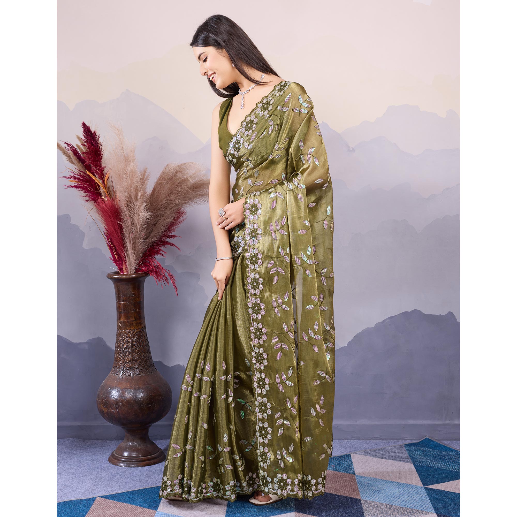 Mehandi Green Sequins Embroidered Art Silk Saree