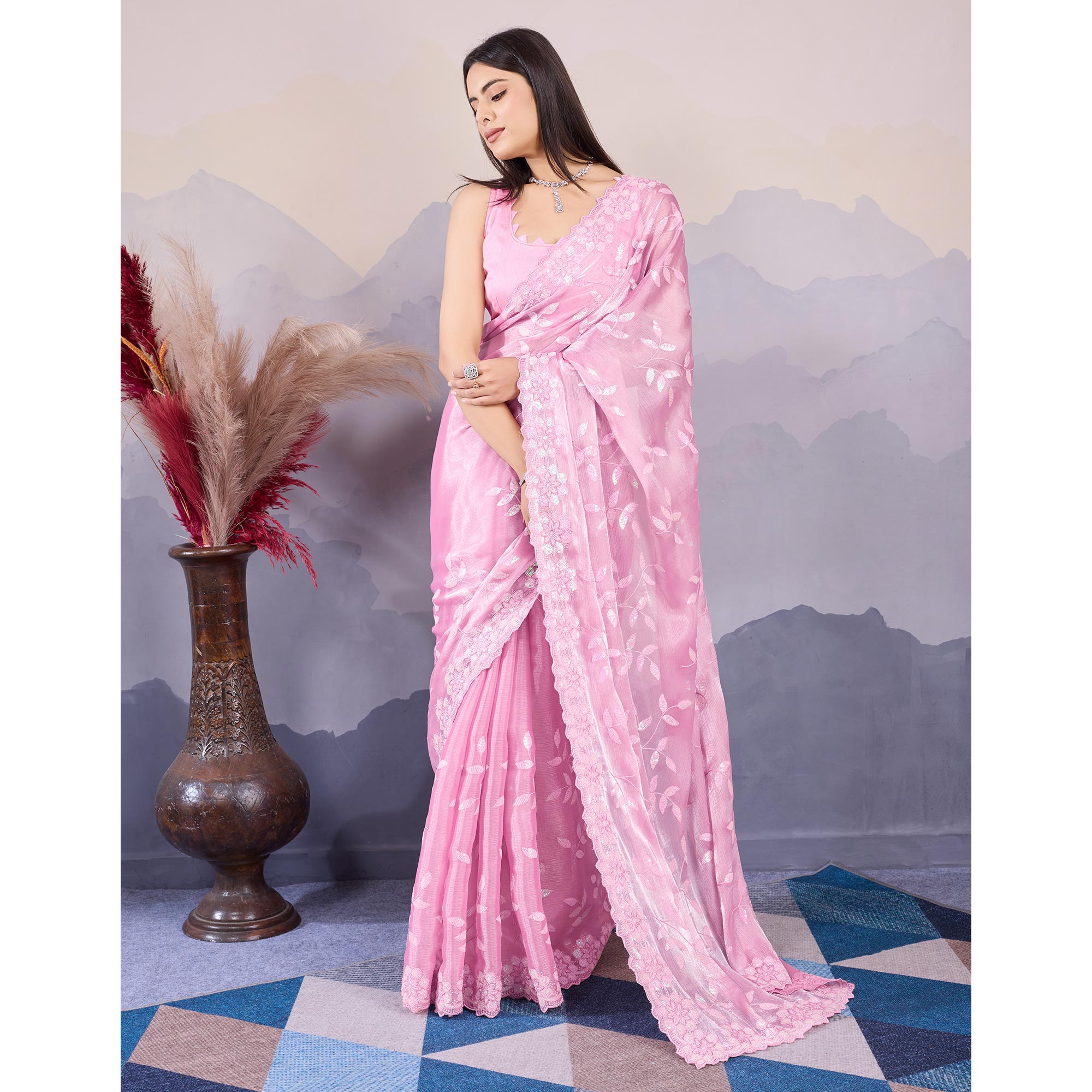 Pink Sequins Embroidered Art Silk Saree