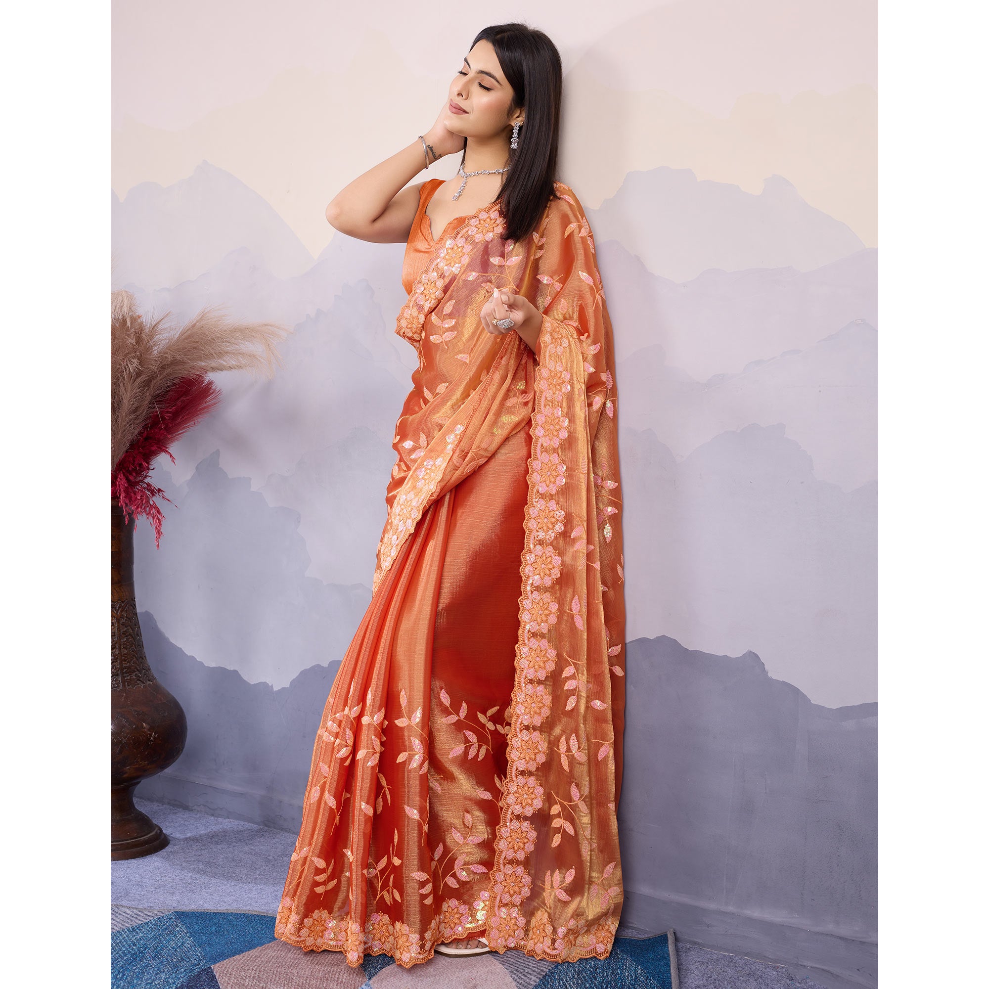 Burnt Orange Sequins Embroidered Art Silk Saree