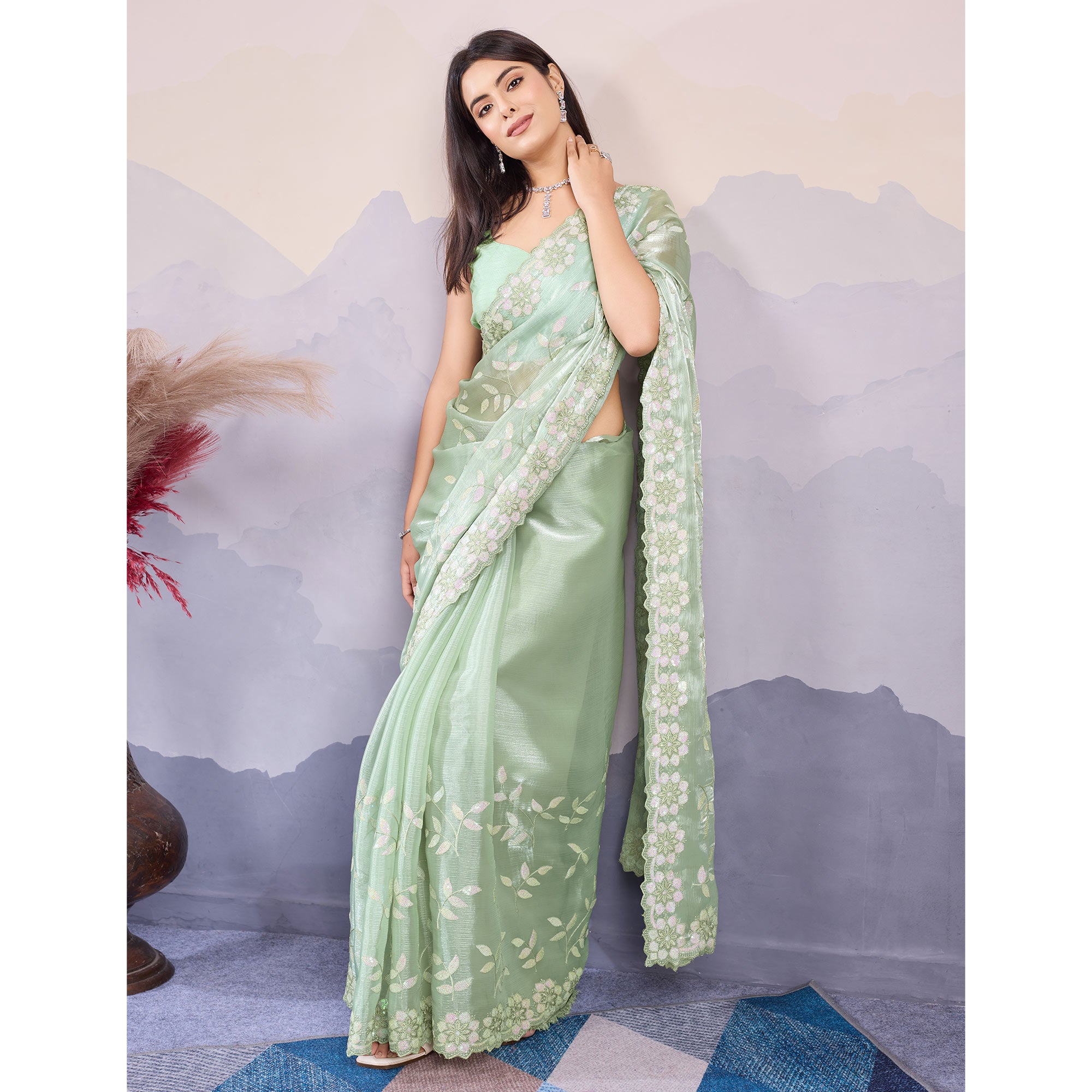 Mint Green Sequins Embroidered Art Silk Saree