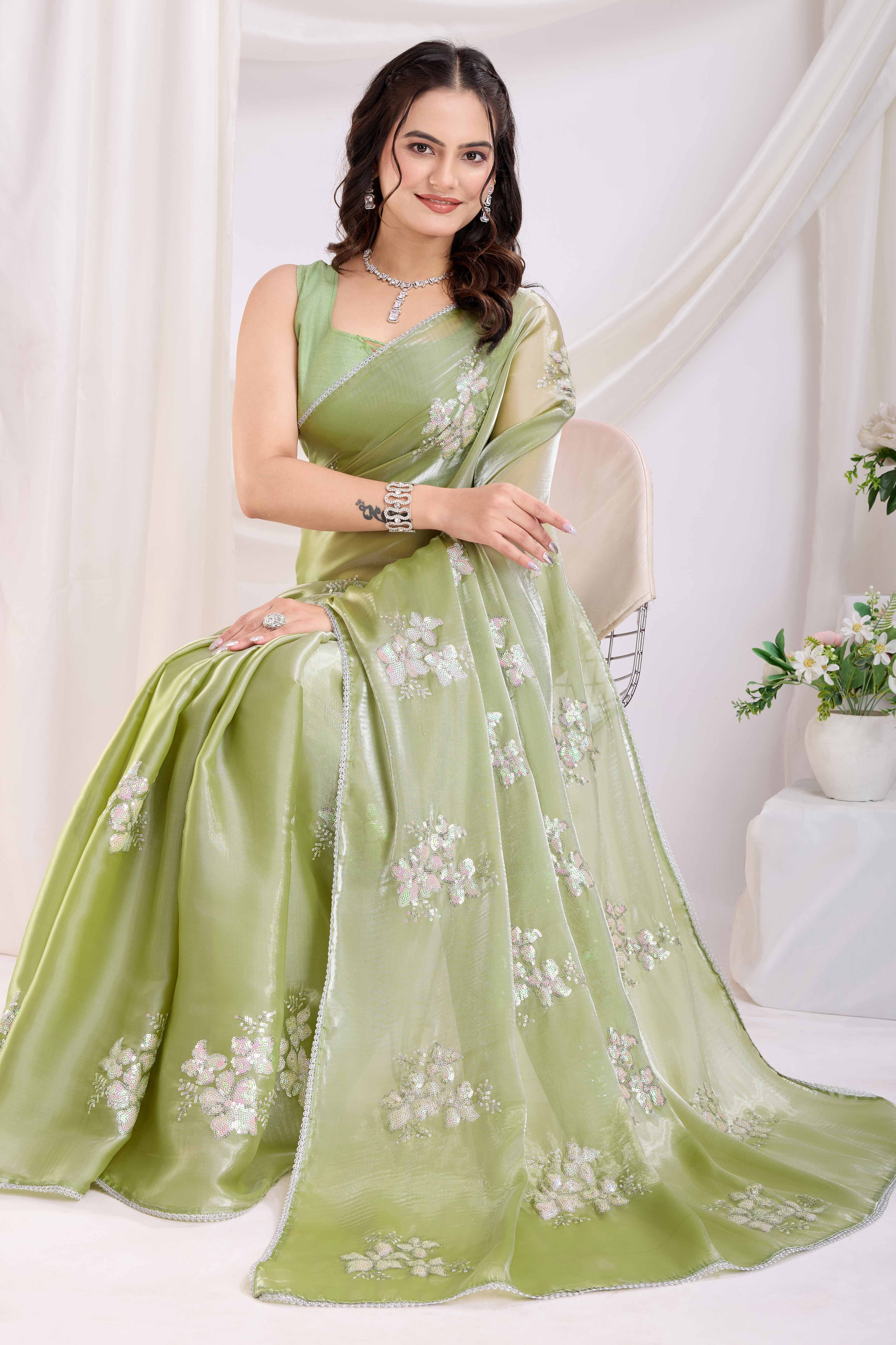 Green Saree With Exquisite Floral Sequins Embroidery On Luxe Jimmy Choo Silk Blend