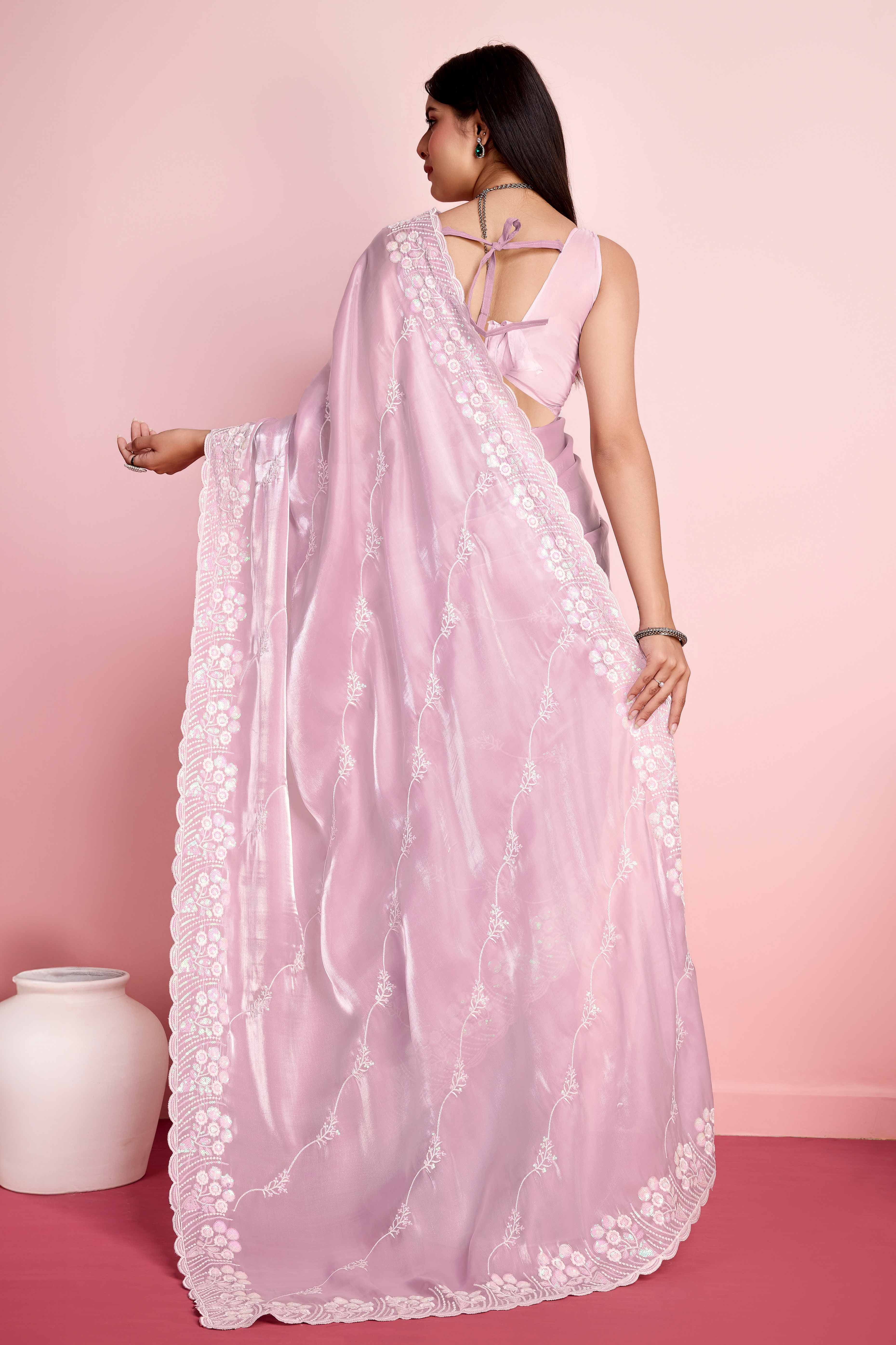 Pink Floral Sequins Embroidered Jimmy Choo Tissue Saree