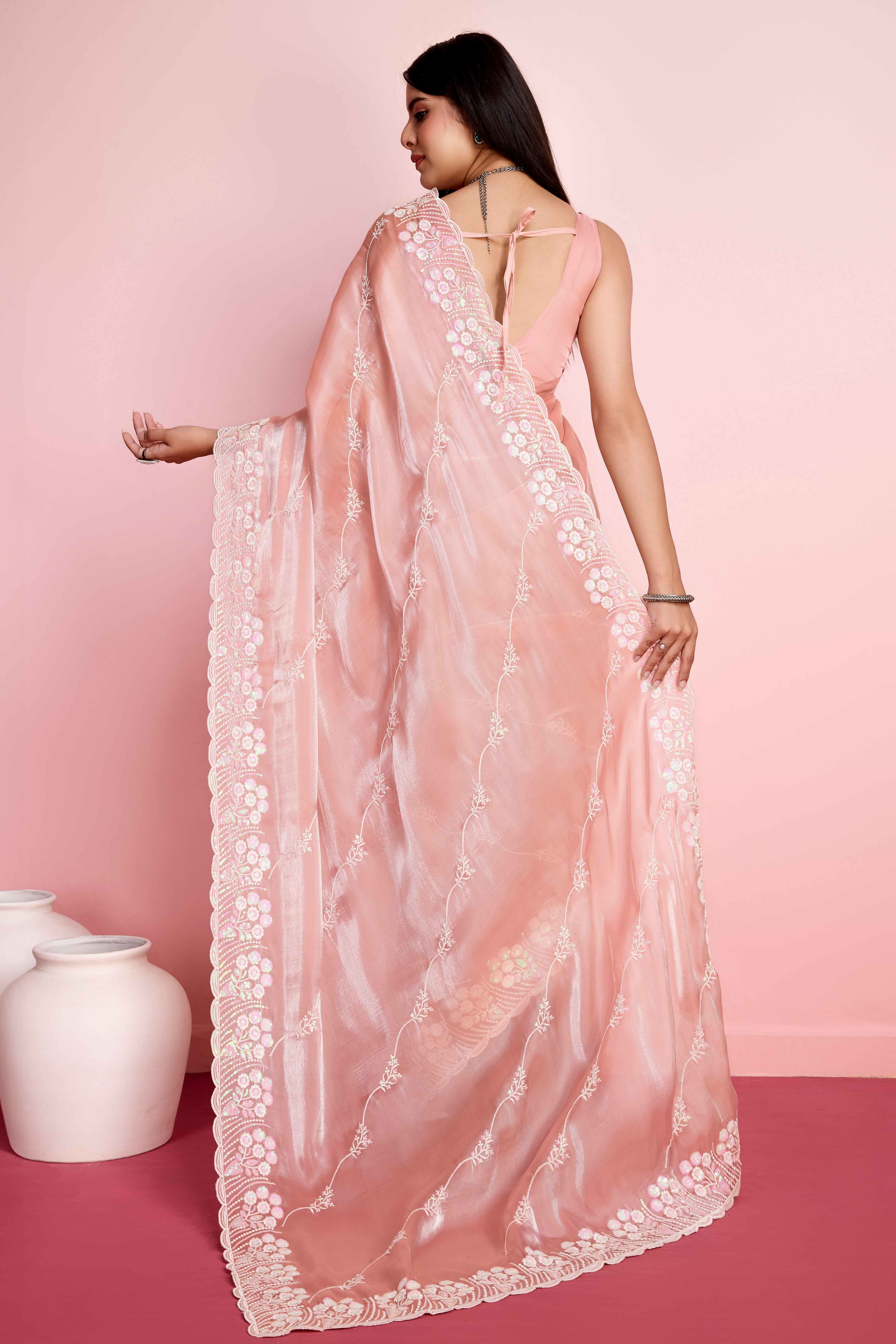 Peach Floral Sequins Embroidered Jimmy Choo Tissue Saree