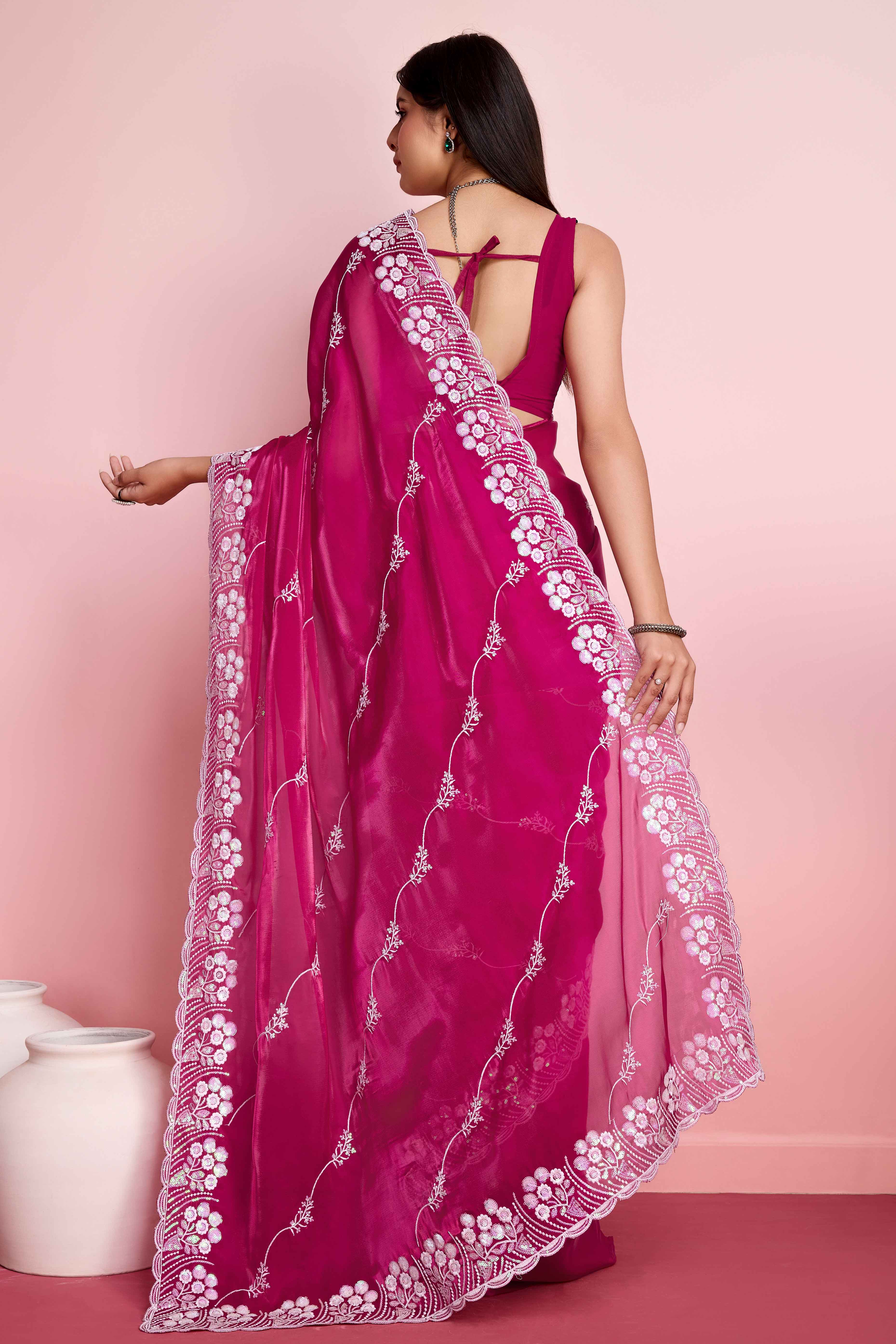 Rani Pink Floral Sequins Embroidered Jimmy Choo Tissue Saree