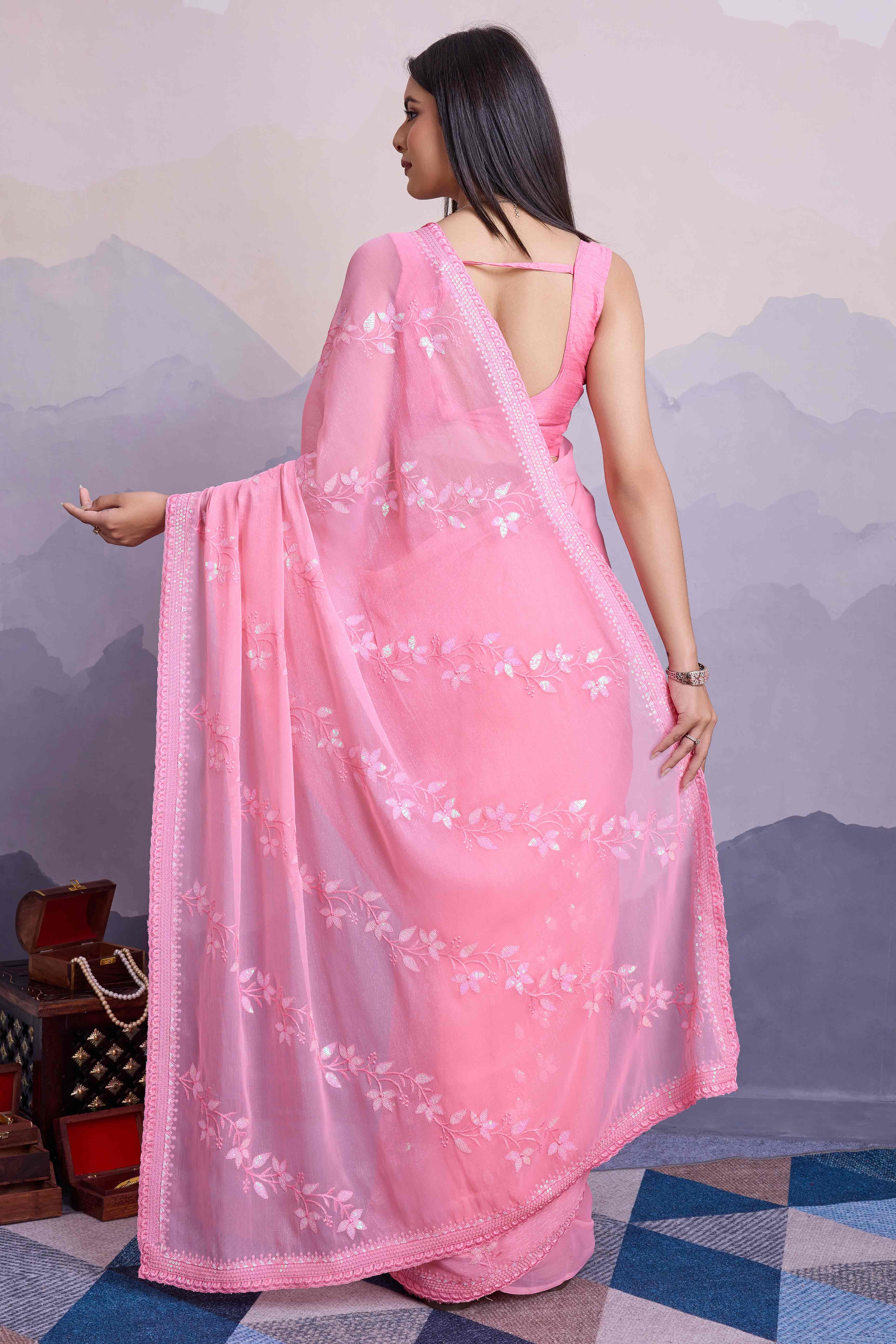 Pink Floral Sequins Embroidered Chiffon Saree