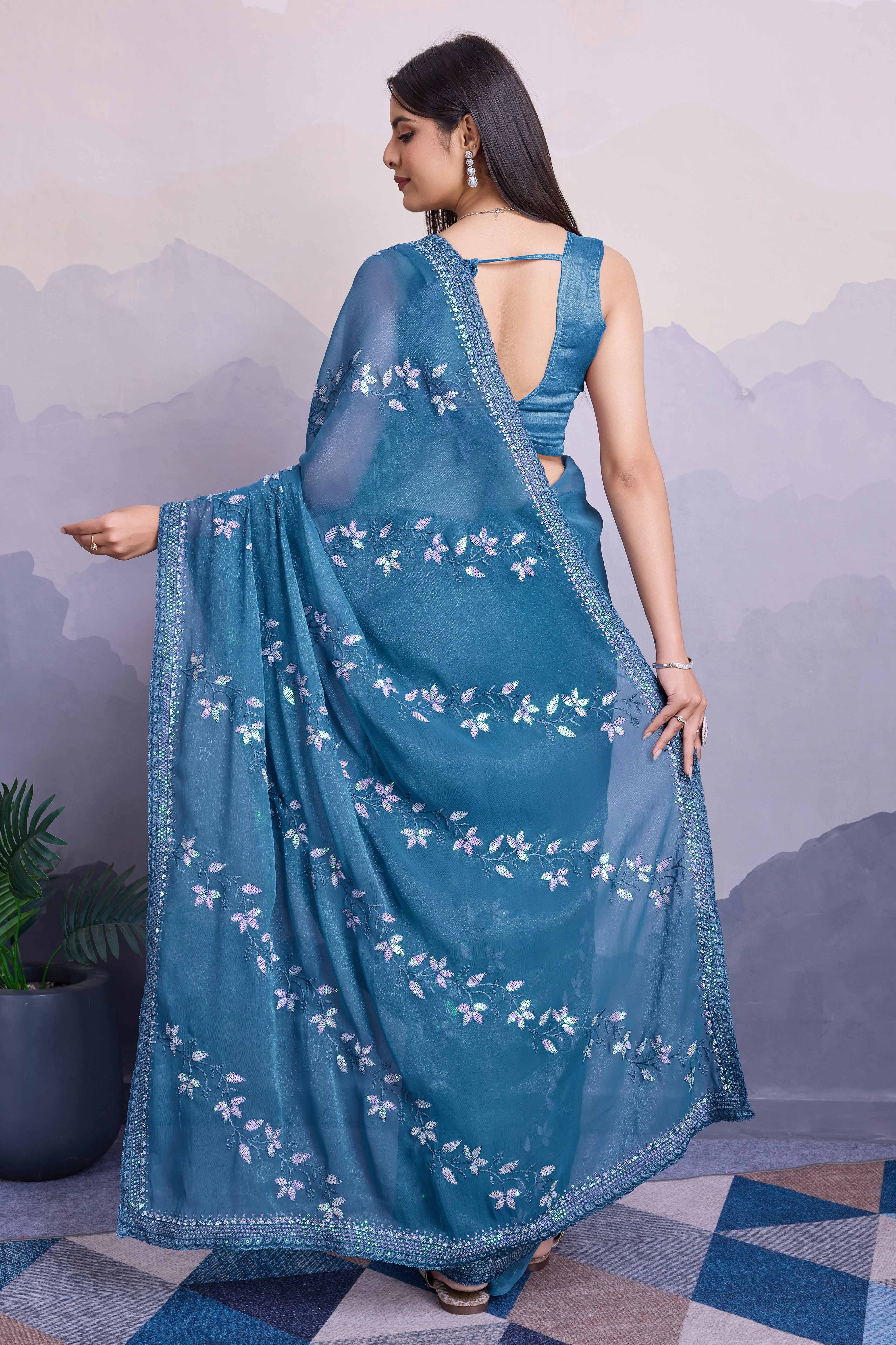 Blue Floral Sequins Embroidered Chiffon Saree