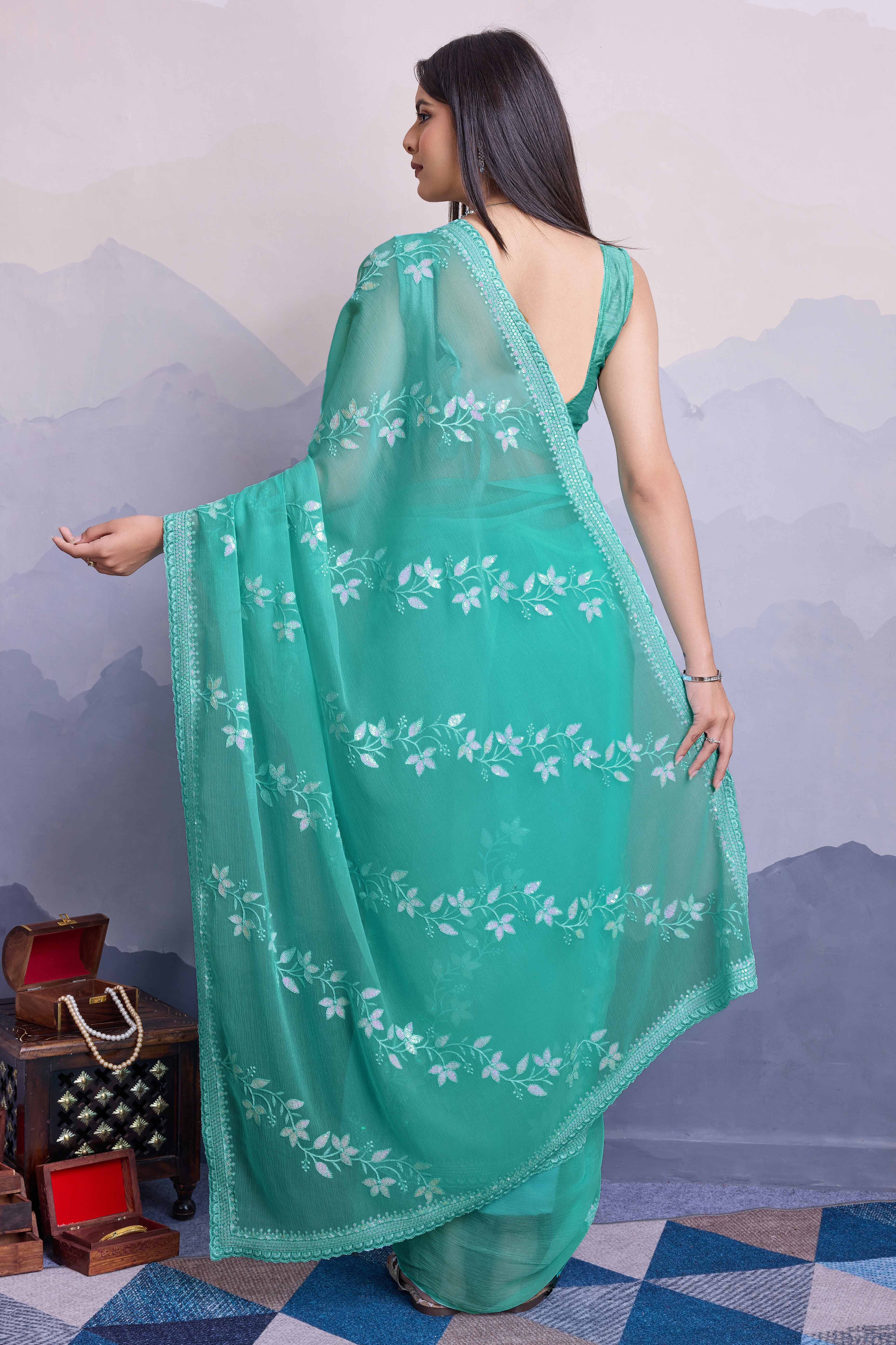 Rama Green Floral Sequins Embroidered Chiffon Saree