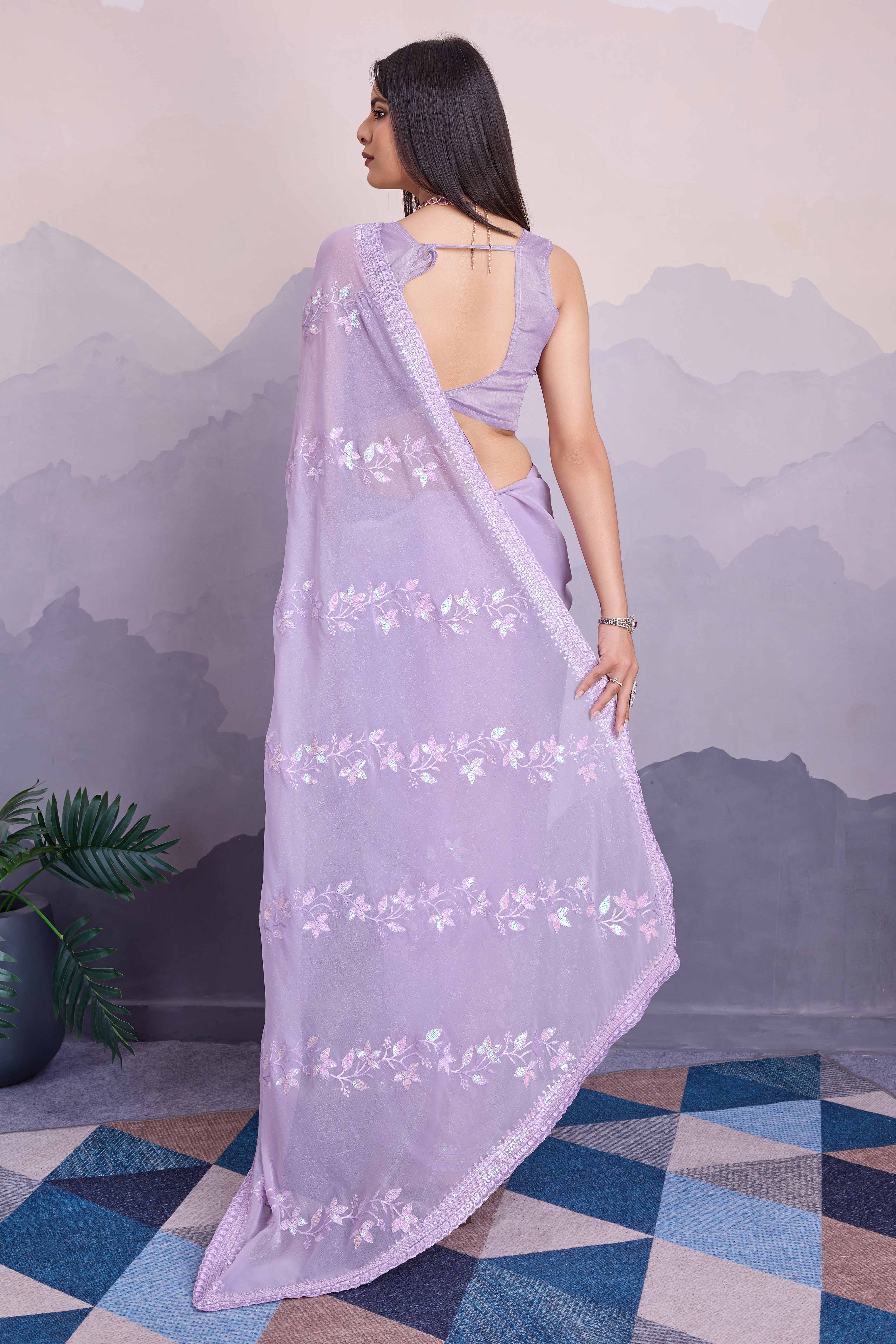 Light Purple Floral Sequins Embroidered Chiffon Saree