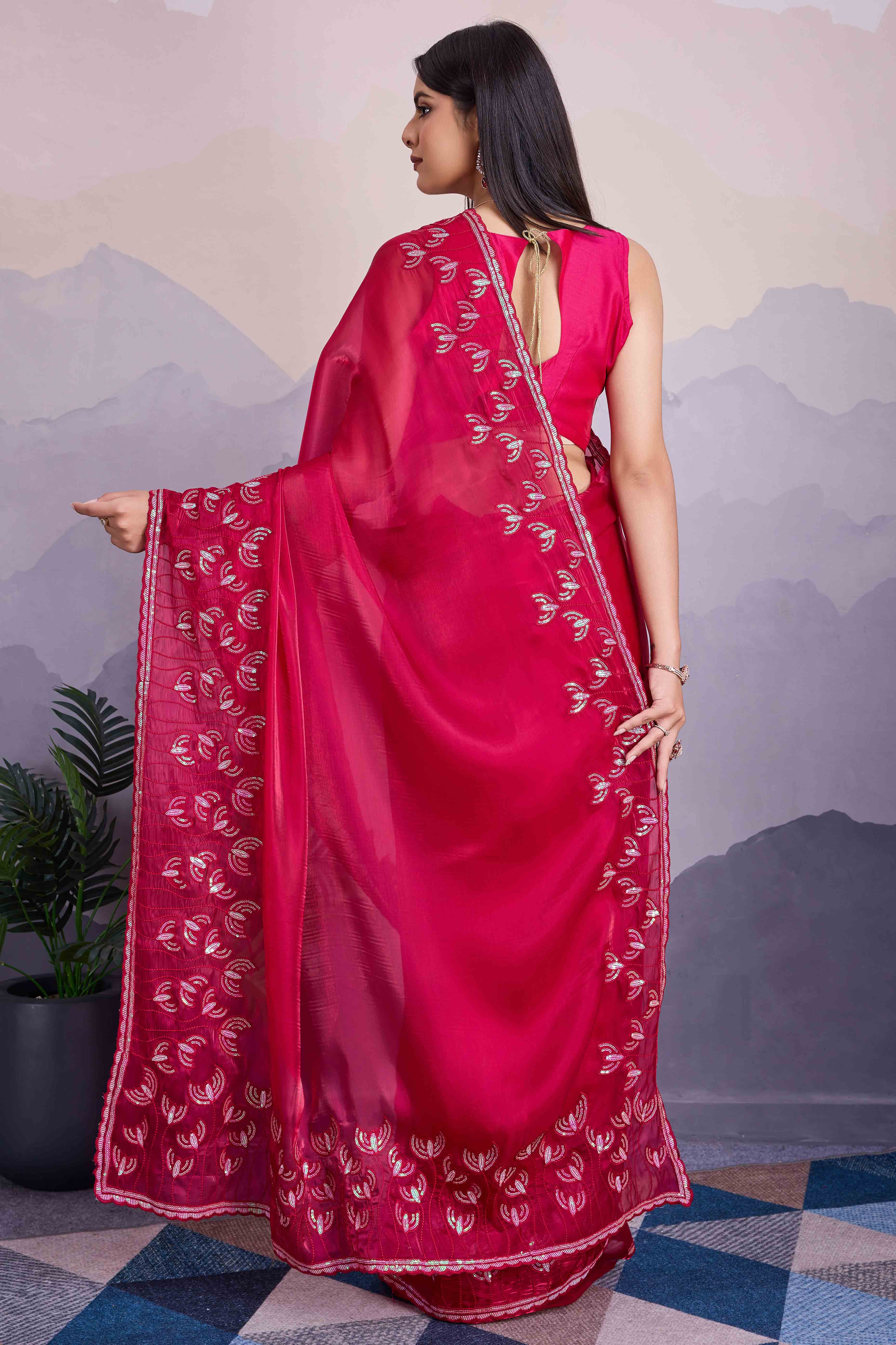 Pink Floral Sequins Embroidered Jimmi Choo Zoya Silk Saree