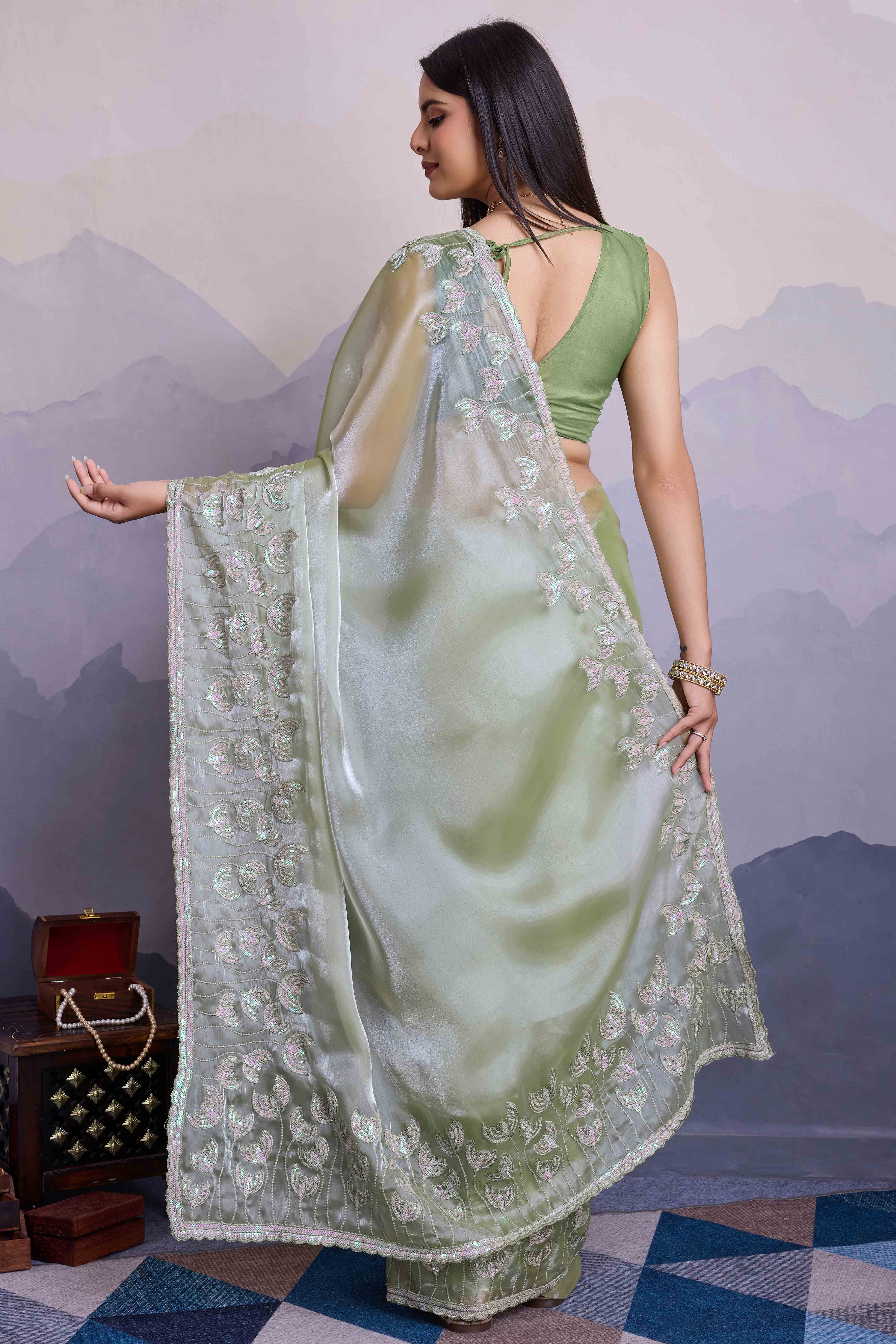 Green Floral Sequins Embroidered Jimmi Choo Zoya Silk Saree