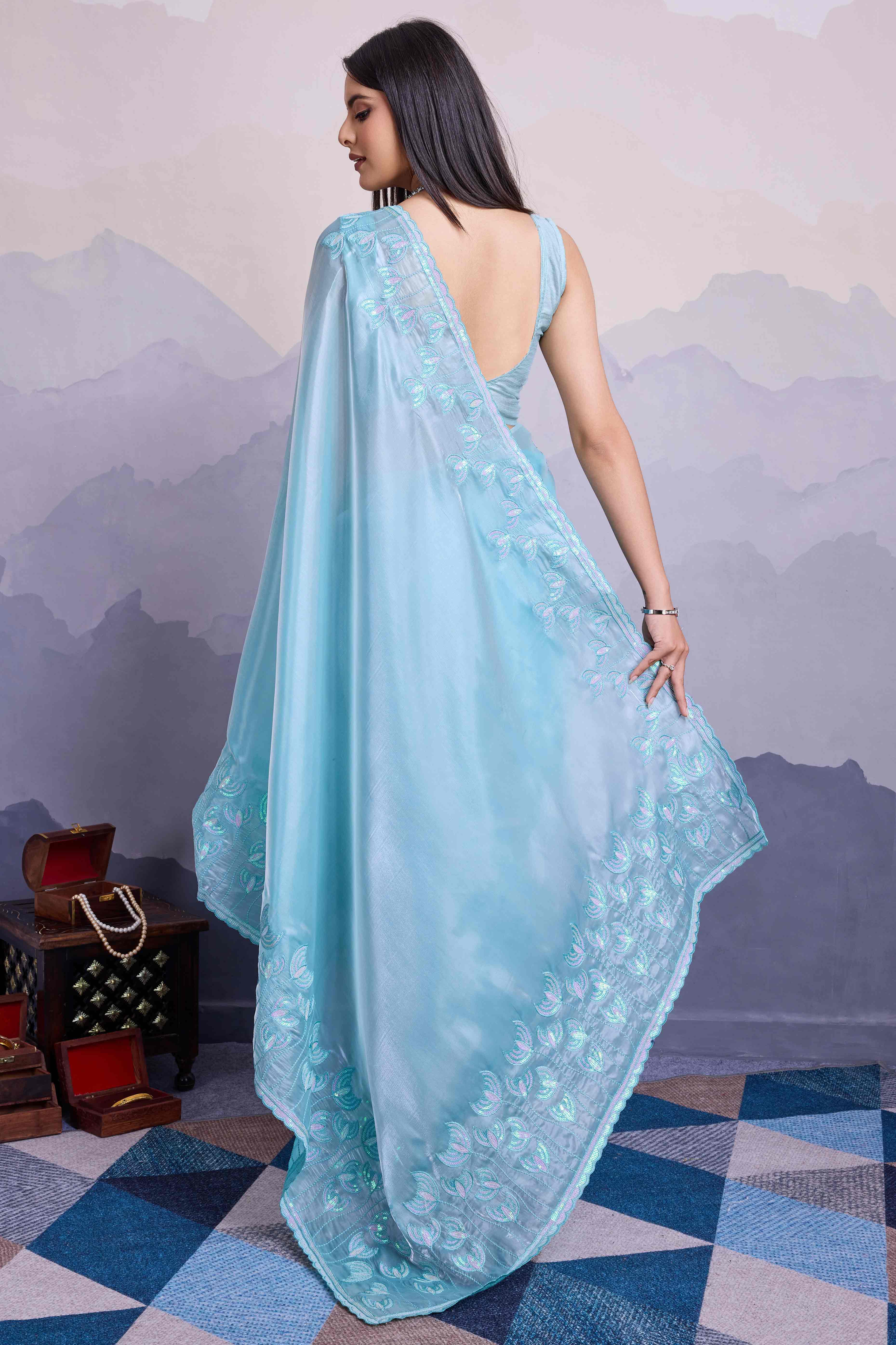 Blue Floral Sequins Embroidered Jimmi Choo Zoya Silk Saree