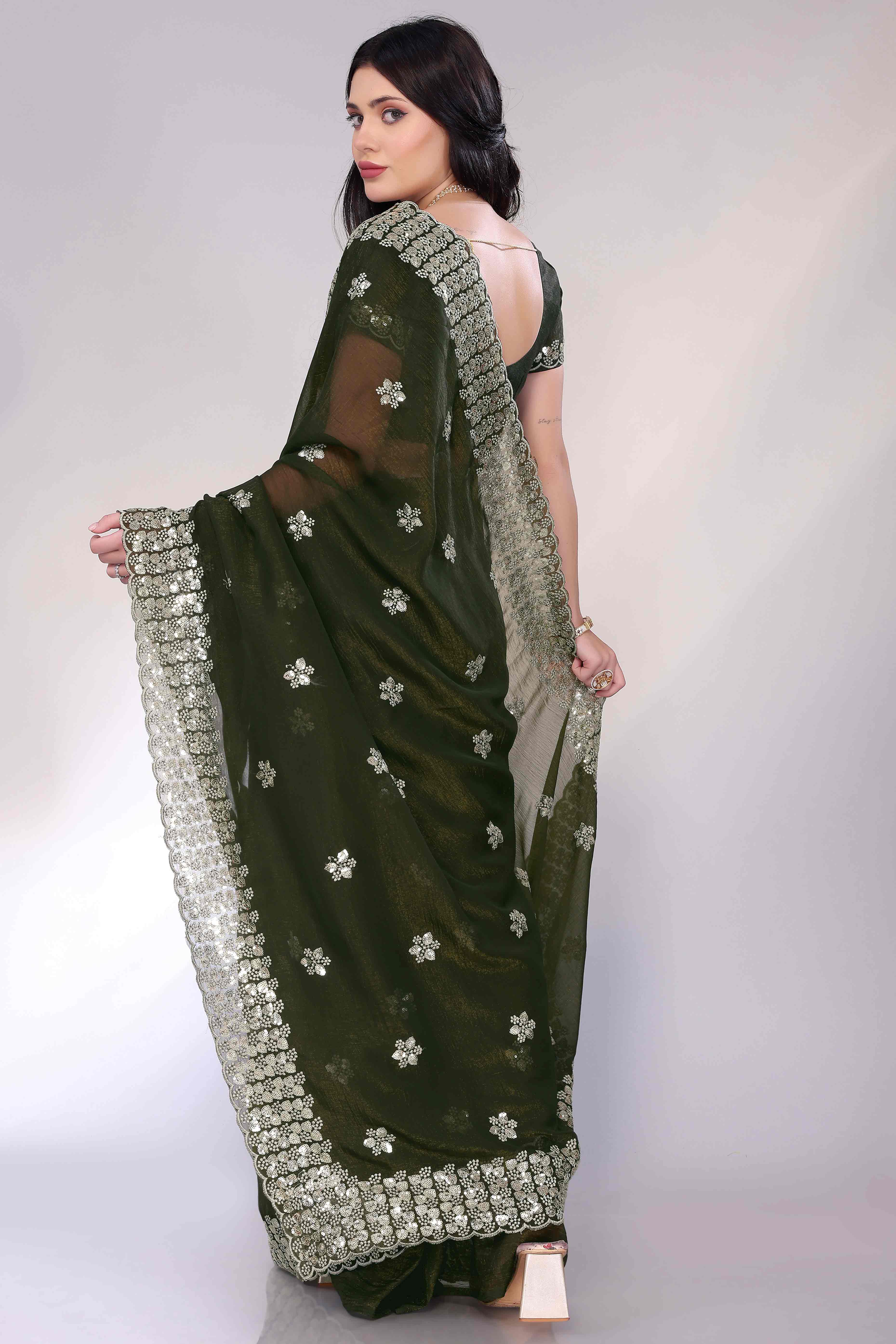 Green Crunchy Organza Silk Saree Adorned With Intricate Floral Sequins Embroidery