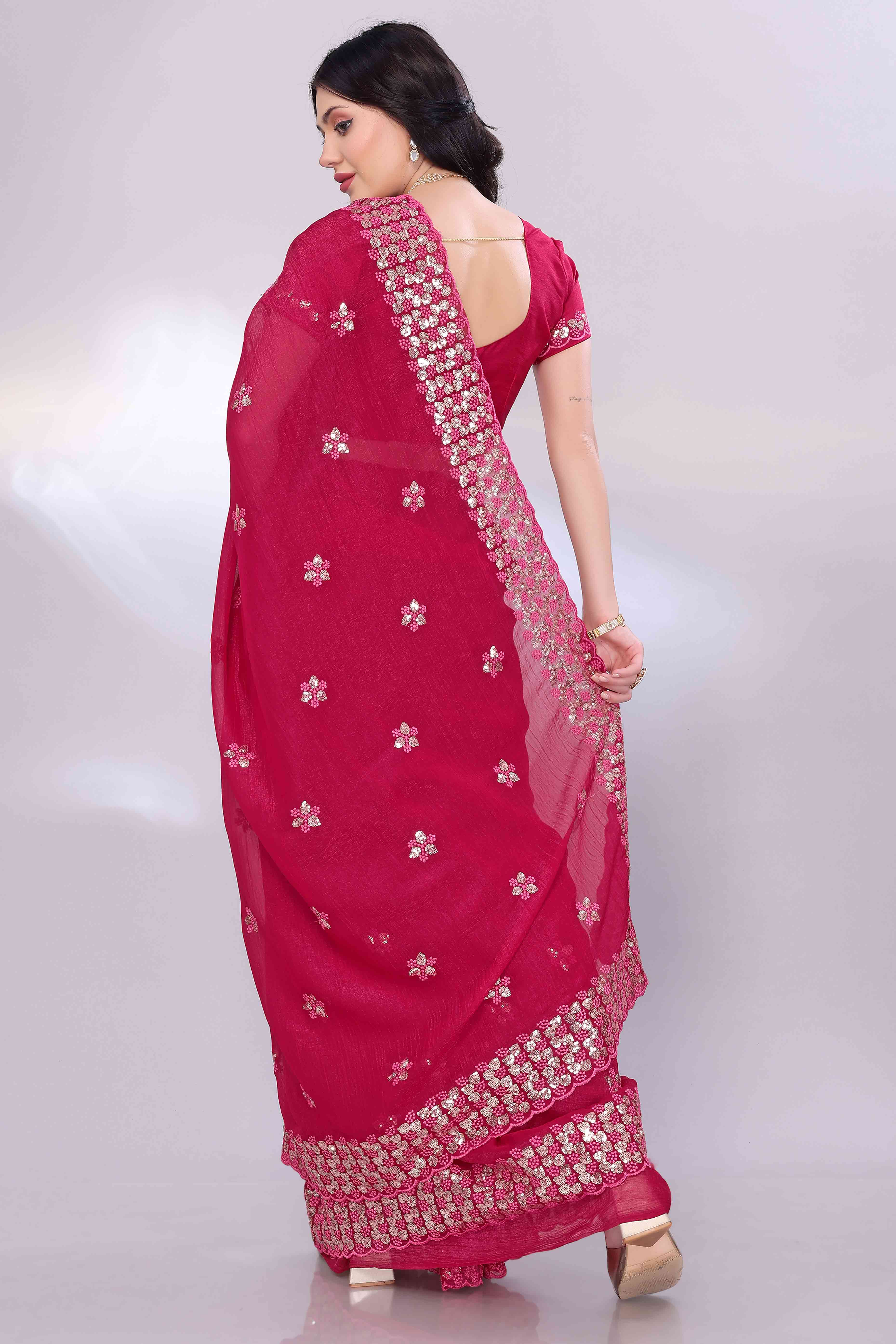 Rani Pink Crunchy Organza Silk Saree Adorned With Intricate Floral Sequins Embroidery