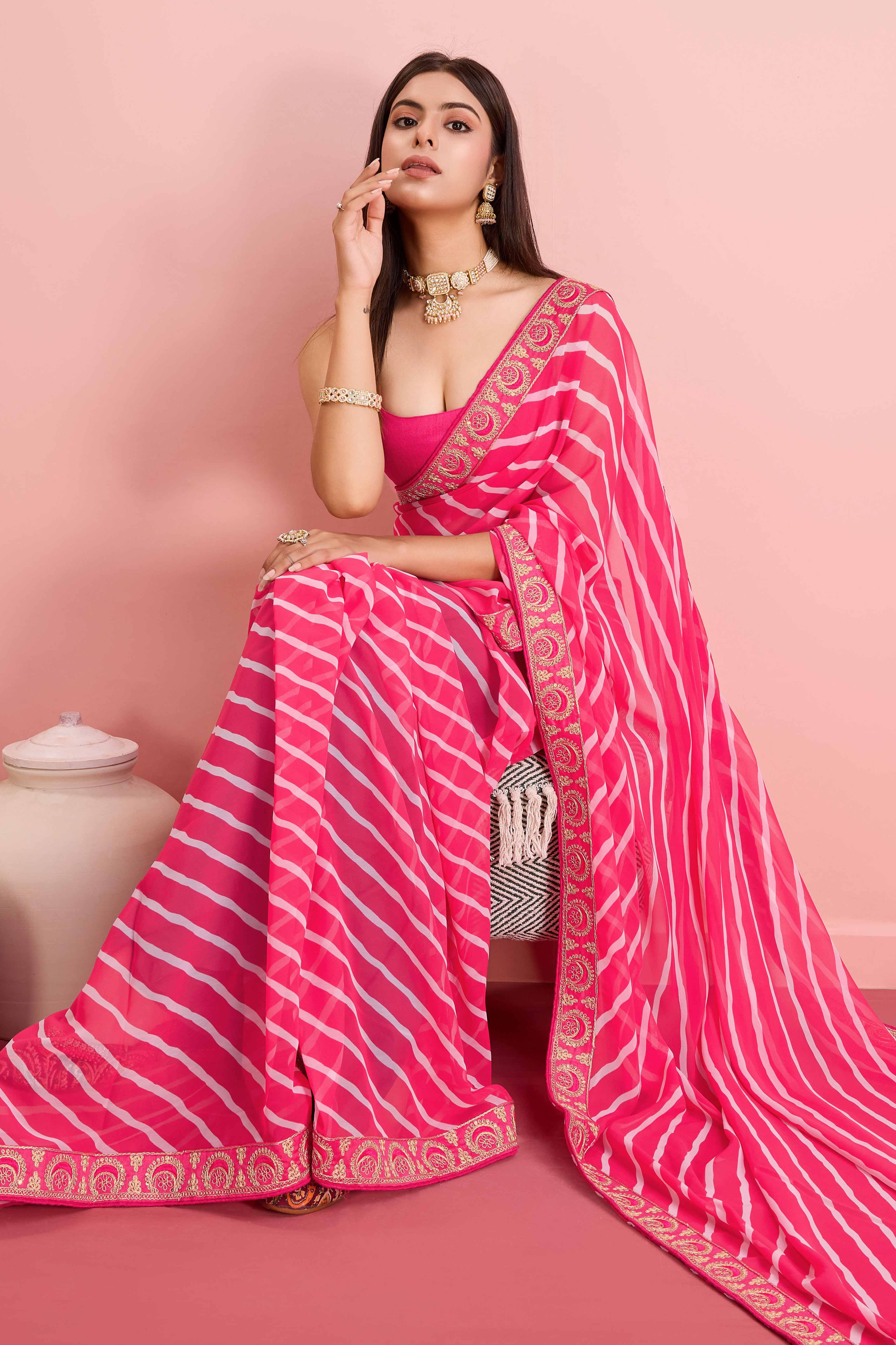 Elegant Pink Leheriya Printed Saree in Flowing Georgette