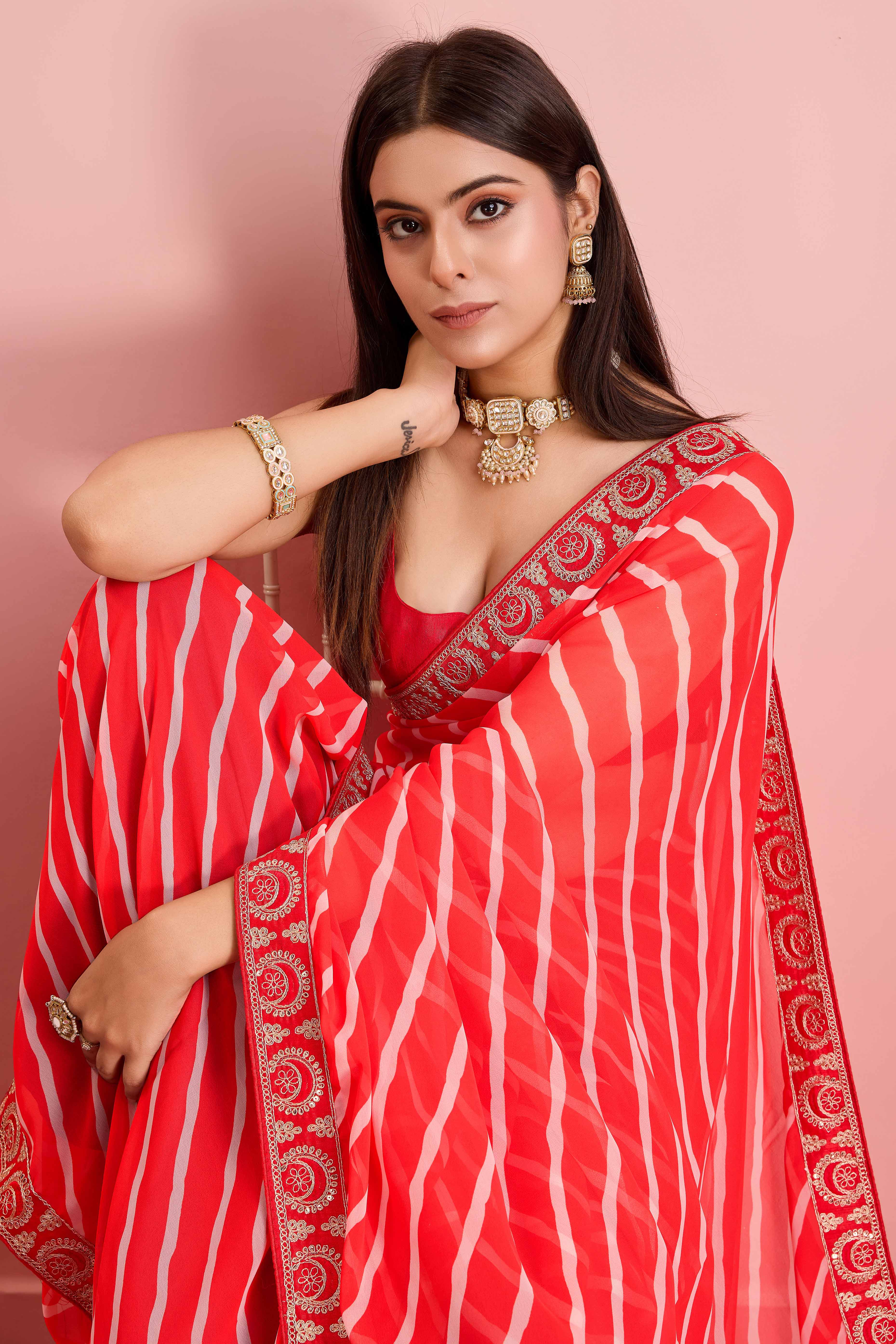 Elegant Red Leheriya Printed Saree in Flowing Georgette