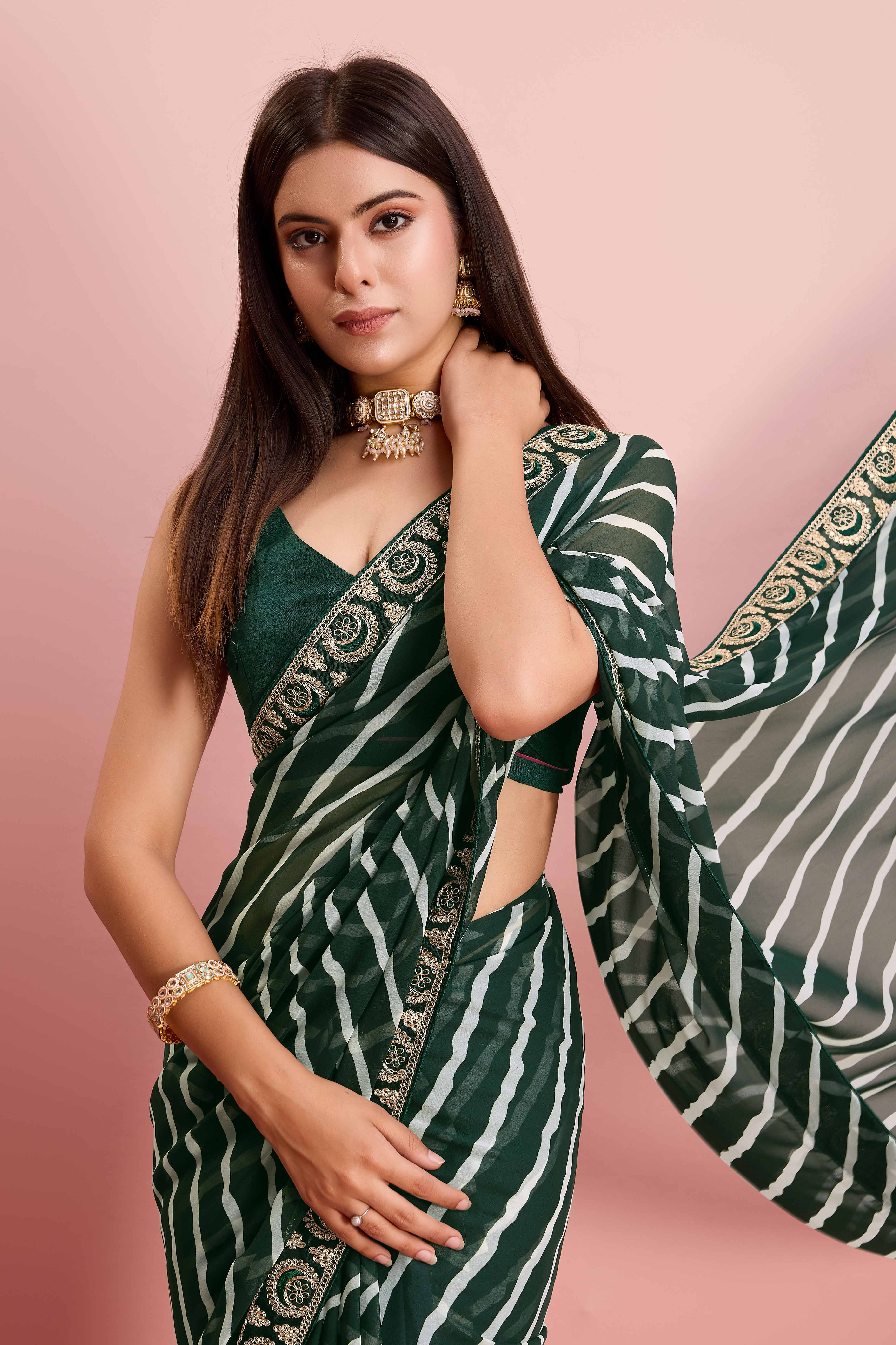 Elegant Green Leheriya Printed Saree in Flowing Georgette