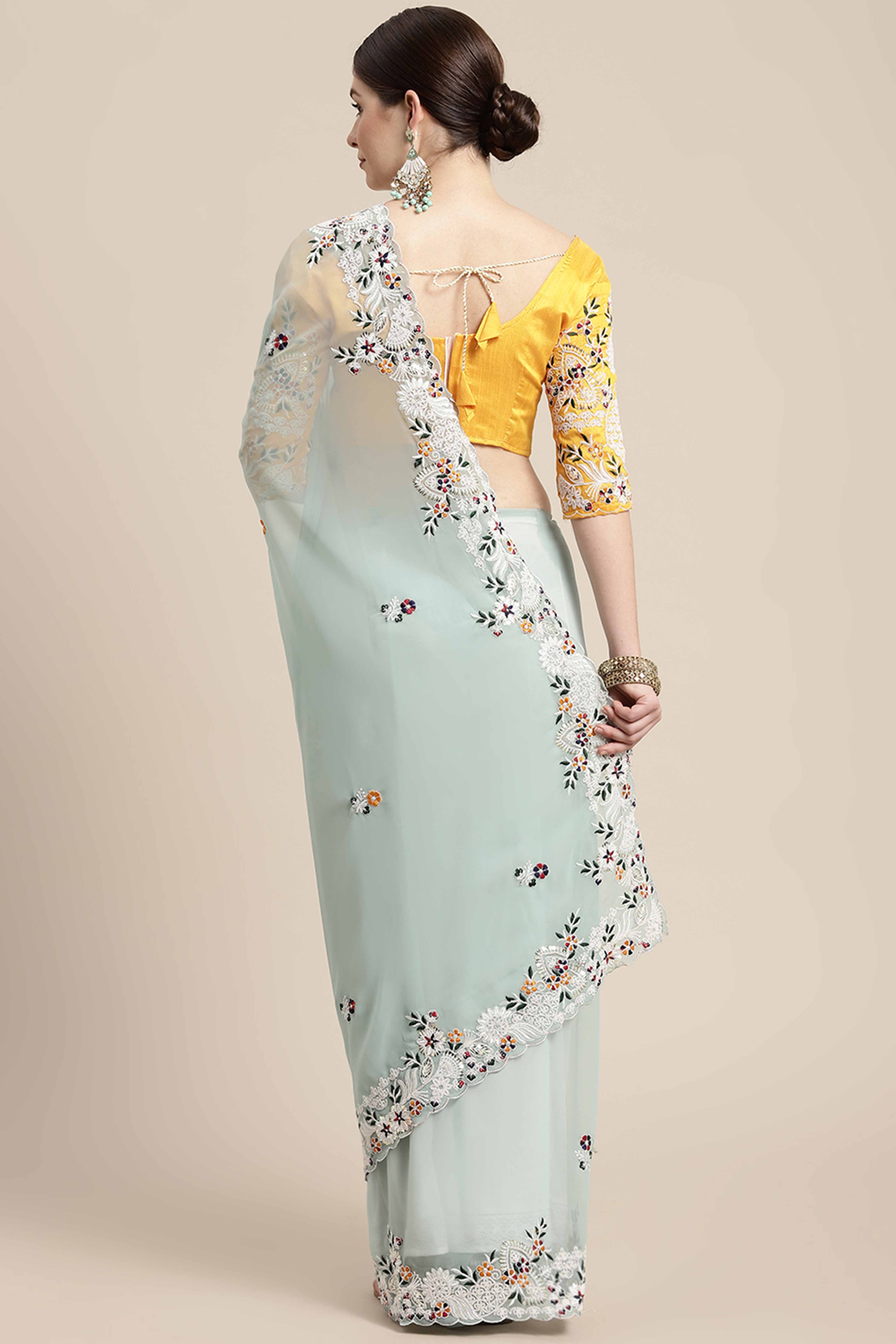 Partywear Mint Green Georgette Saree with Floral Embroidery