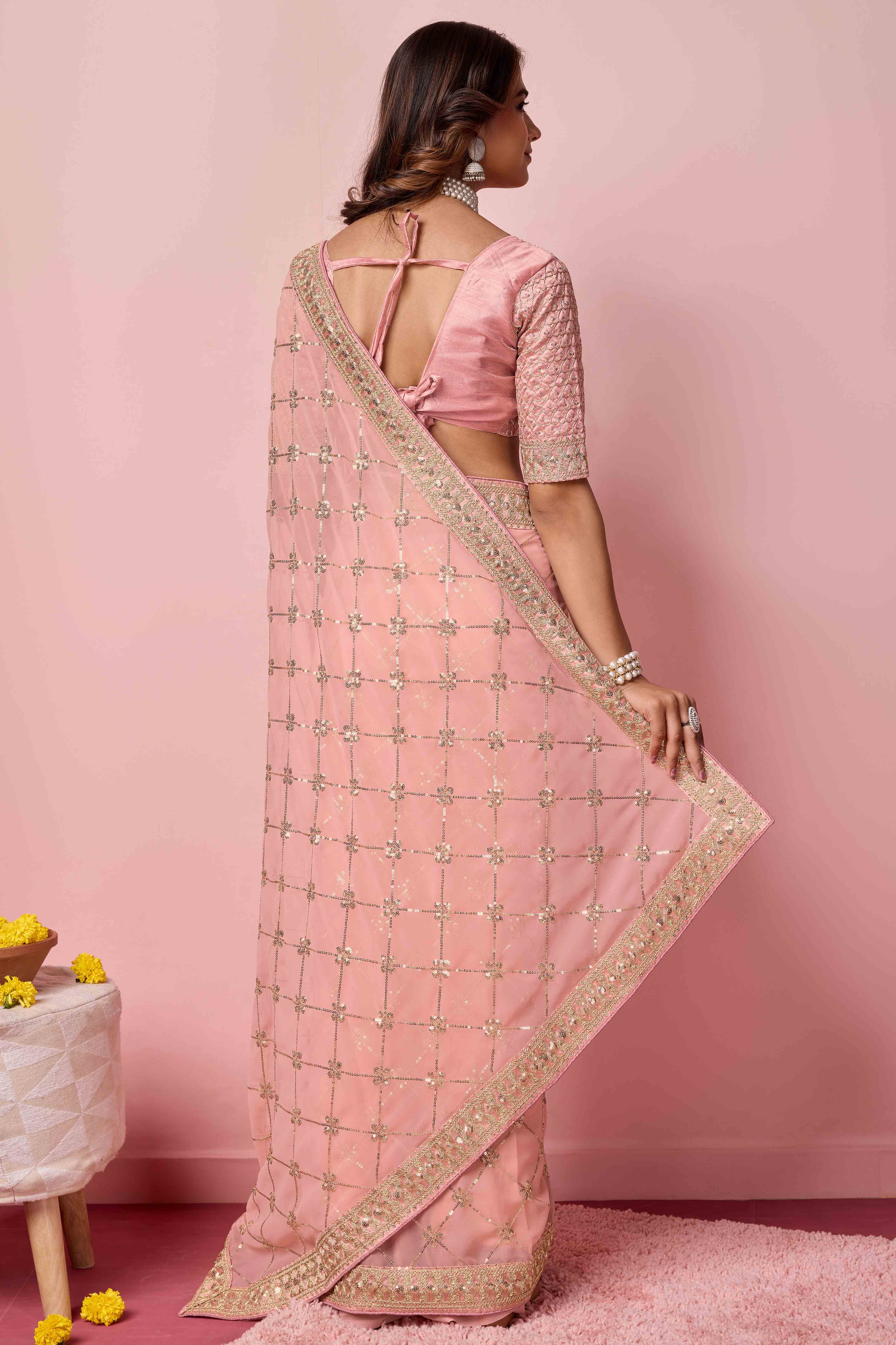 Peach Sequins Embroidered Georgette Saree