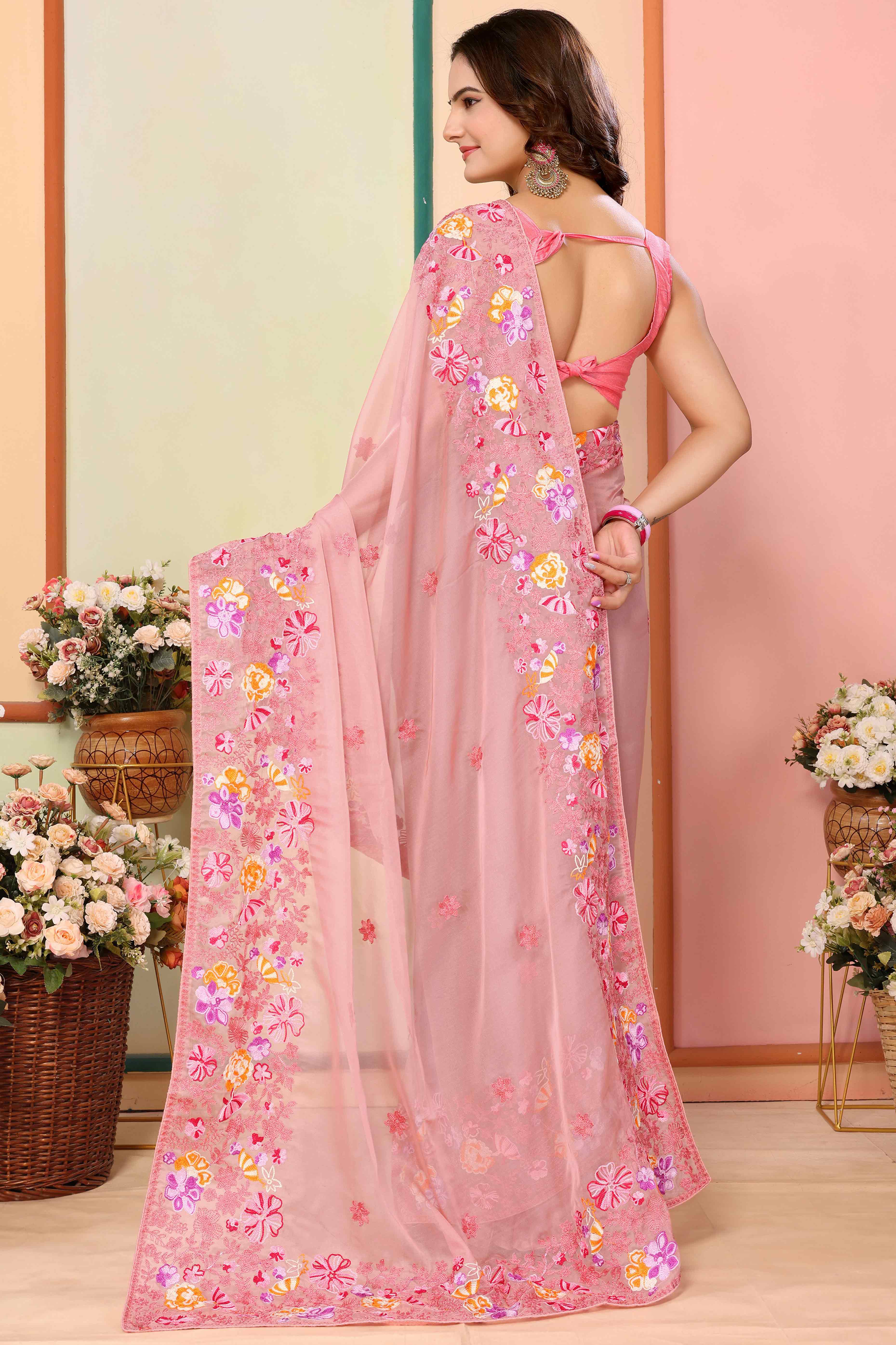 Pink Floral Embroidered Organza Saree